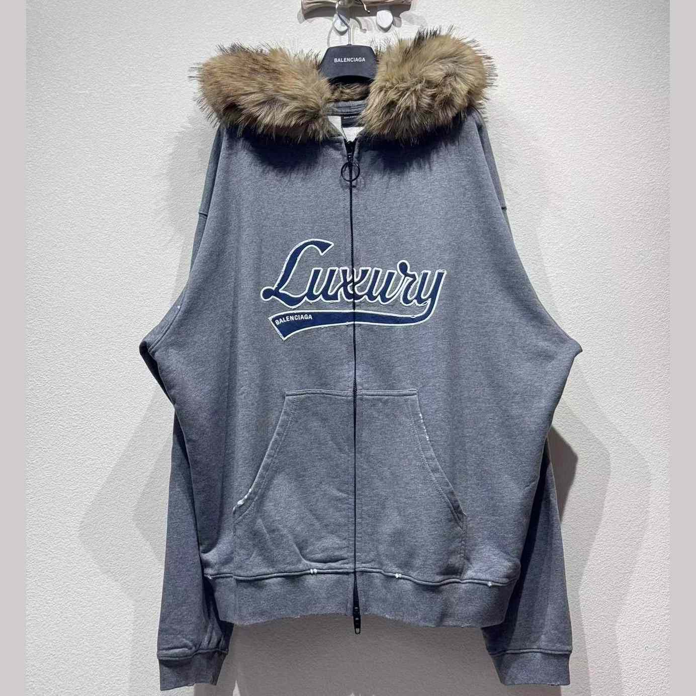 Balenciaga Luxury Script Oversized Zip-Up Hoodie In Dark Heather Grey - FashionPlug