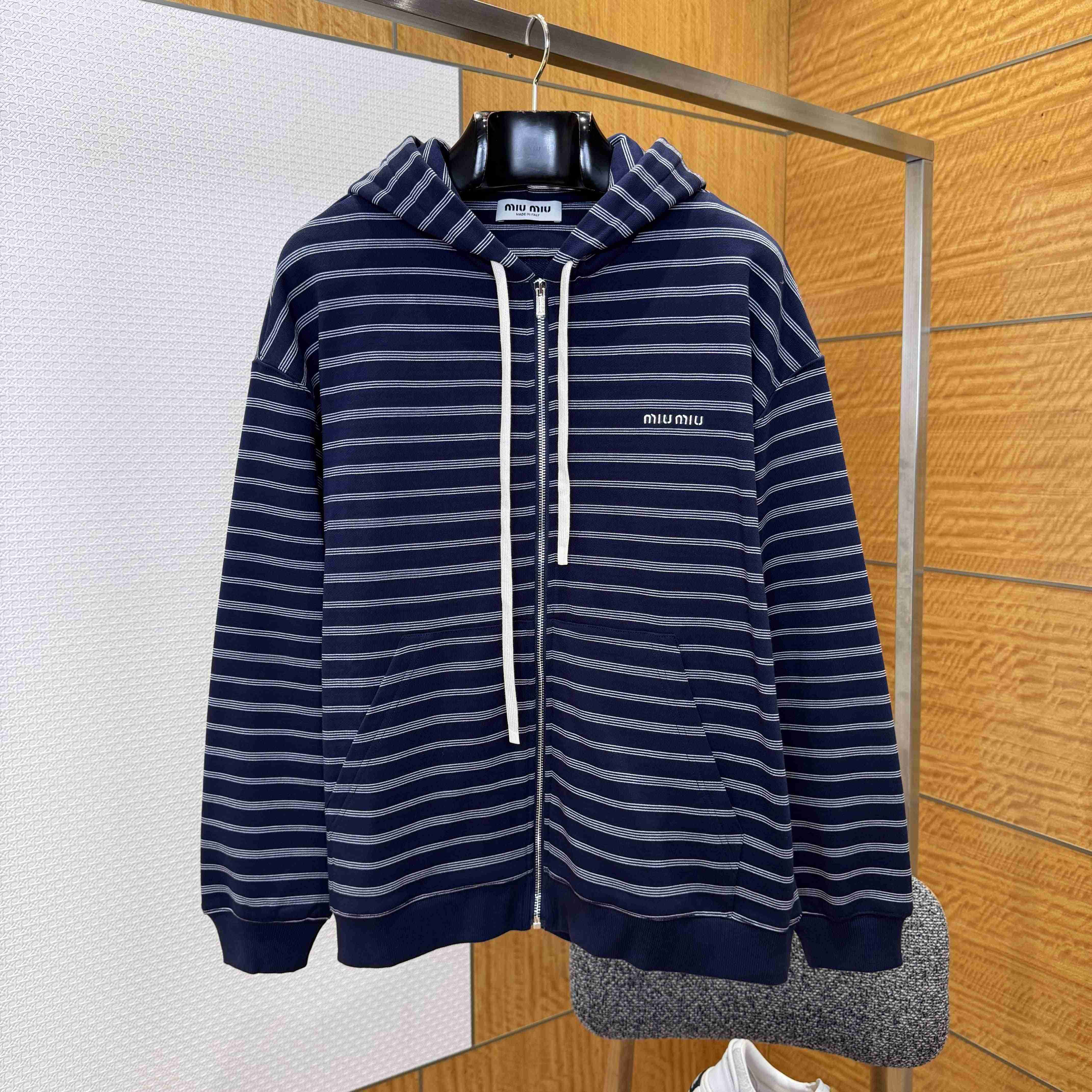 Miu Miu Striped Cotton Fleece Hoodie Jacket - FashionPlug