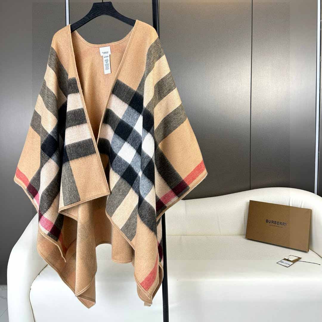 Burberry Reversible Monogram Wool Cashmere Jacquard Cape - FashionPlug