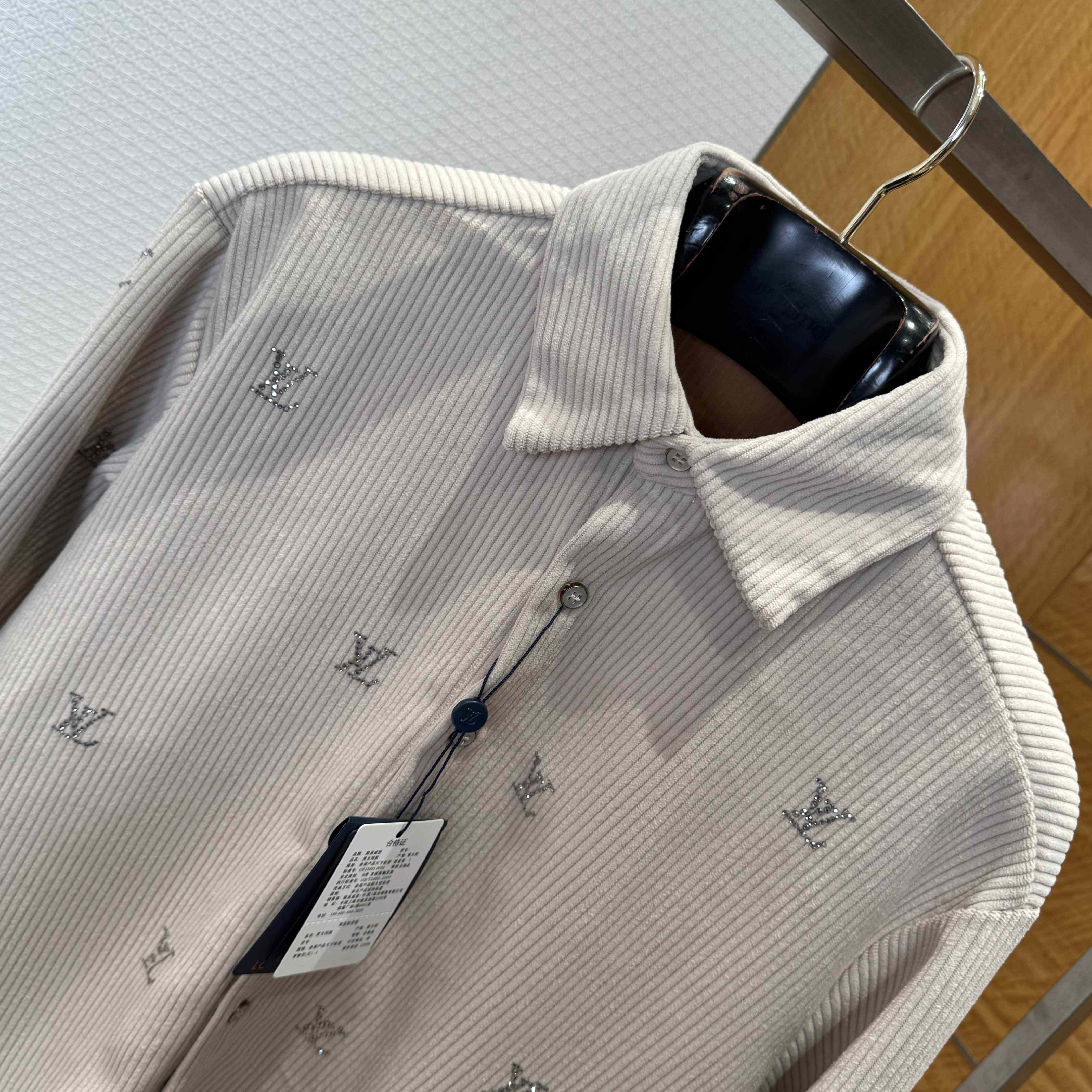 Louis Vuitton LV Blason Embellished Long-Sleeved Corduroy Shirt   1AIKBT - FashionPlug