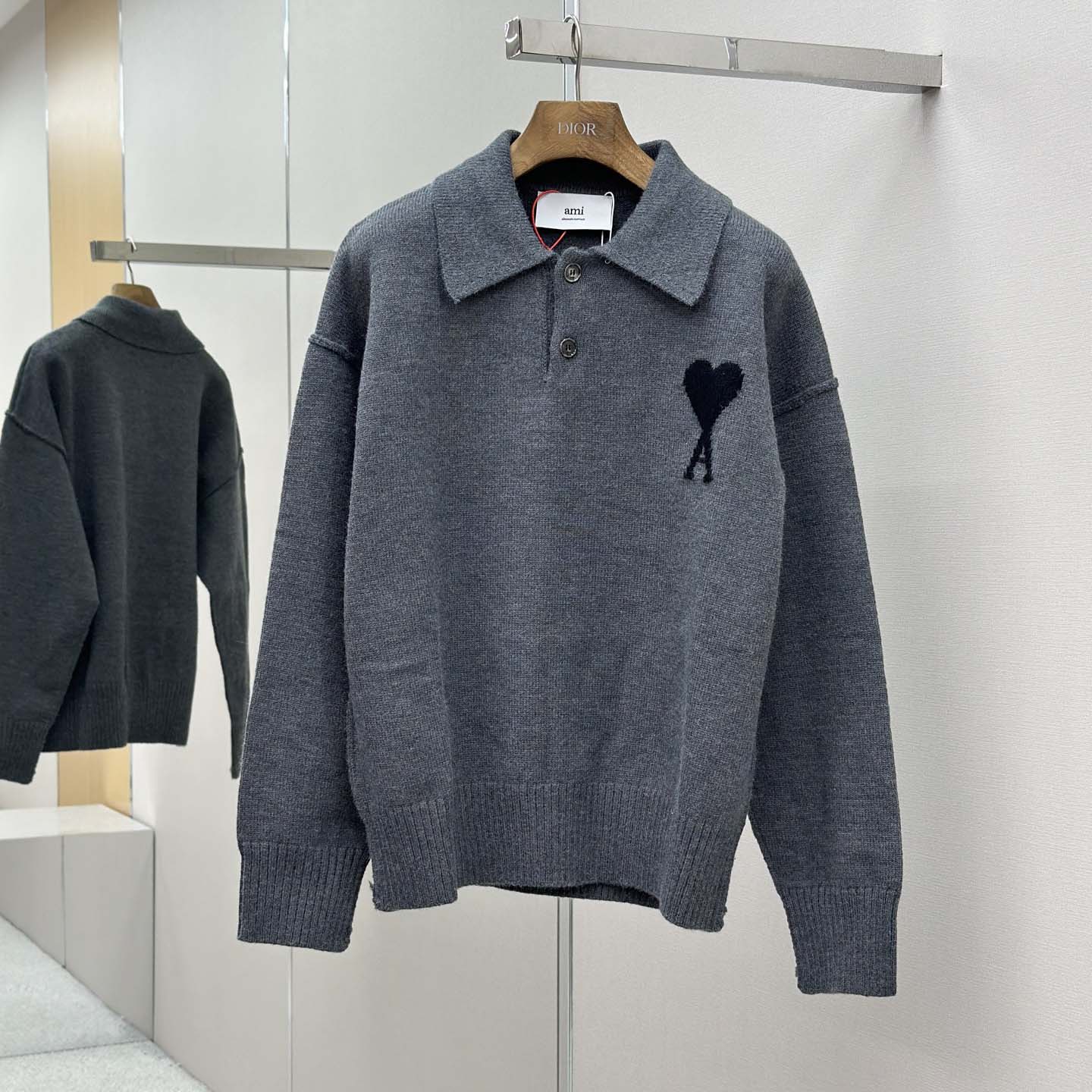 AMI Paris Grey Wool Ami De Coeur Polo - FashionPlug