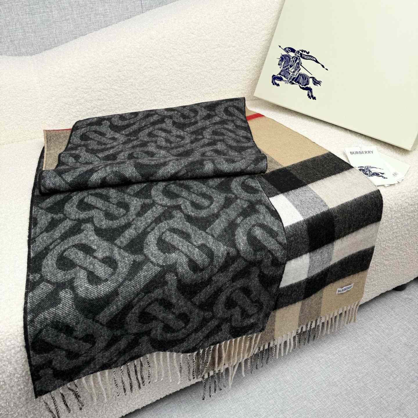 Burberry Reversible Check And Monogram Cashmere Scarf  - FashionPlug