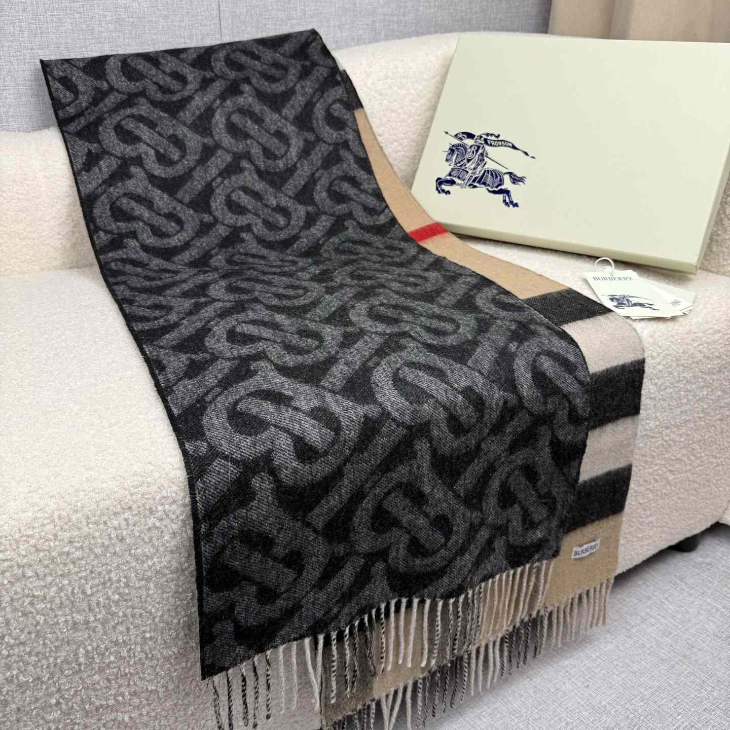 Burberry Reversible Check And Monogram Cashmere Scarf  - FashionPlug