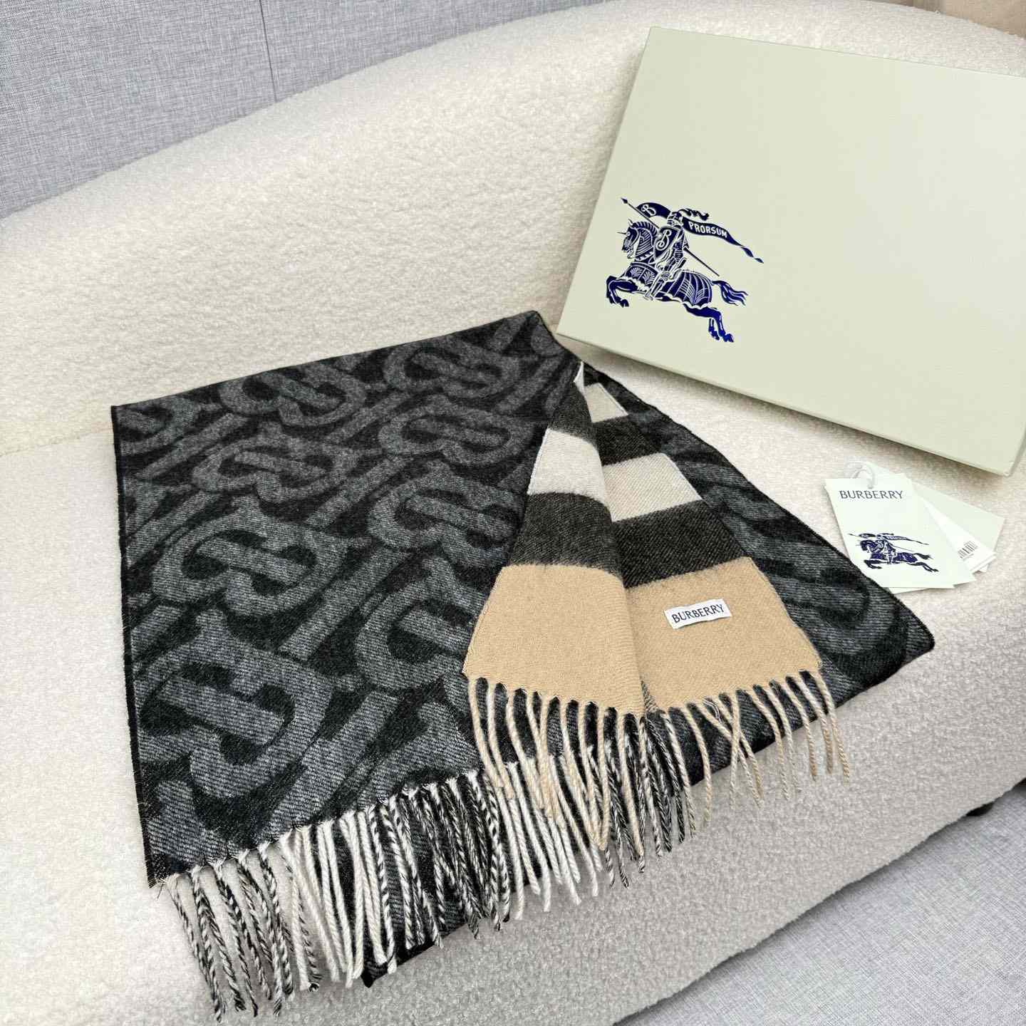 Burberry Reversible Check And Monogram Cashmere Scarf  - FashionPlug