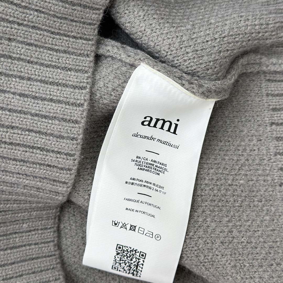 AMI Paris Grey Alpaca Ami De Coeur Crewneck Sweater  - FashionPlug