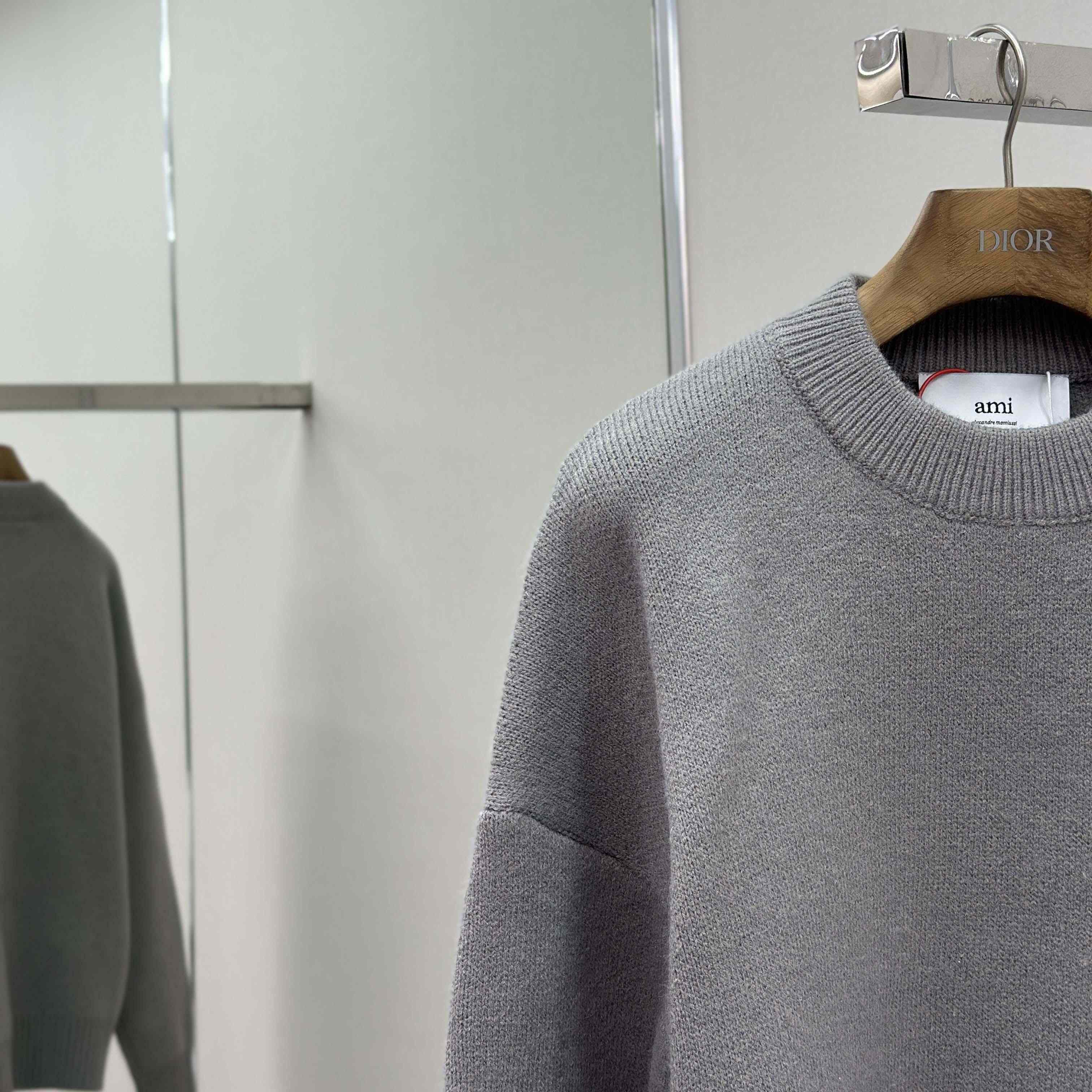 AMI Paris Grey Alpaca Ami De Coeur Crewneck Sweater  - FashionPlug