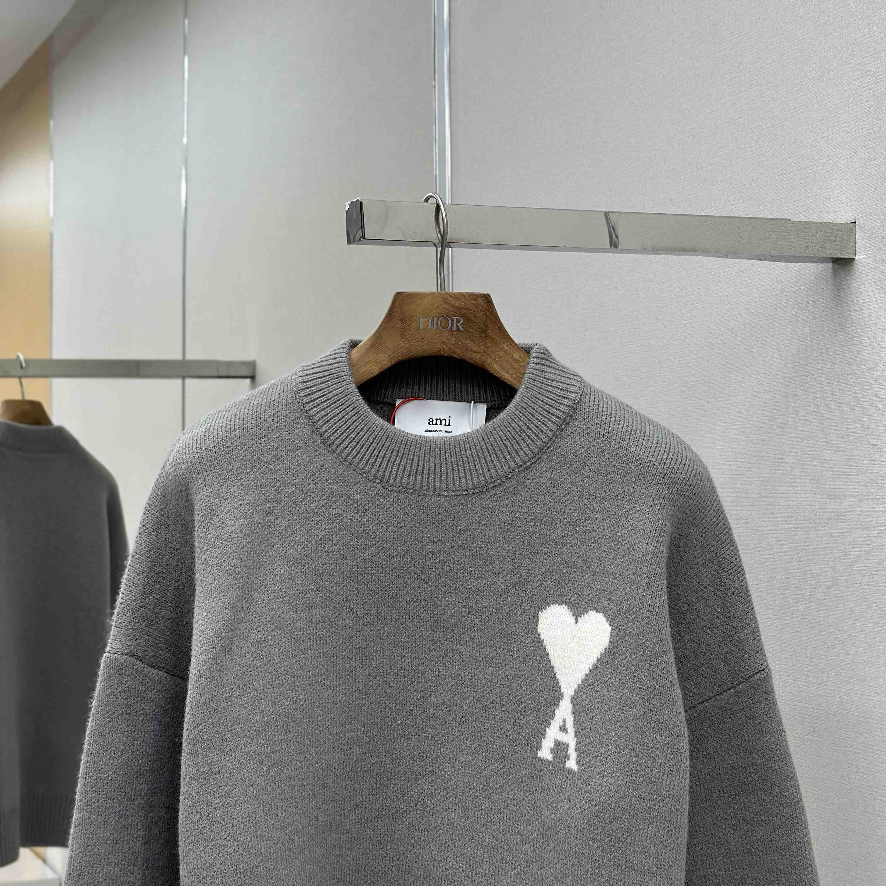 AMI Paris Grey Alpaca Ami De Coeur Crewneck Sweater  - FashionPlug