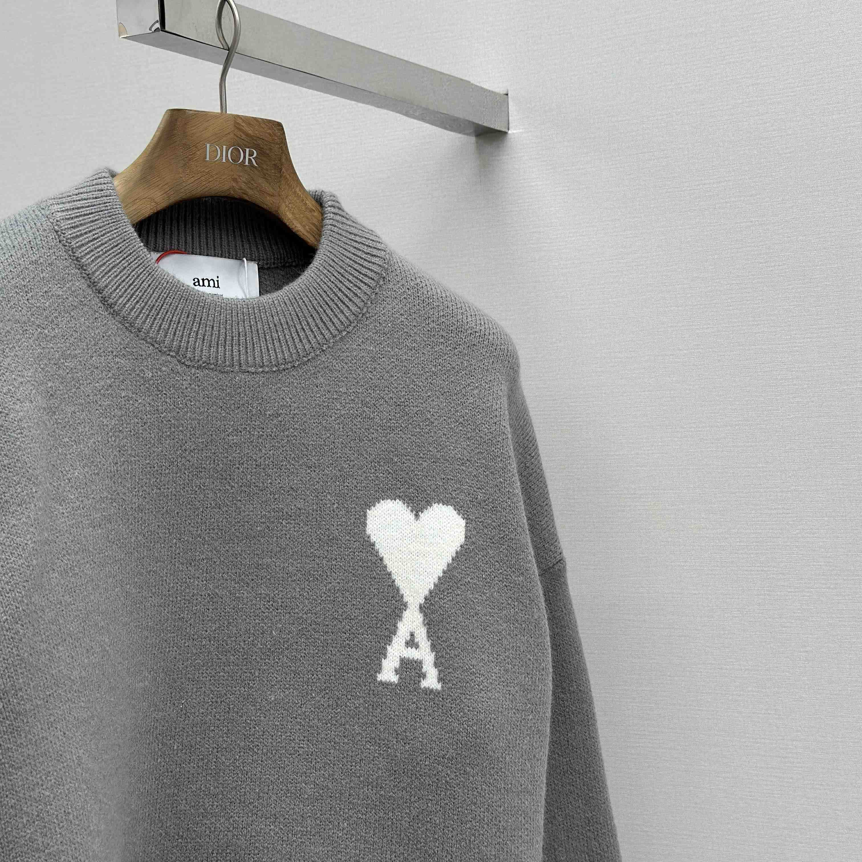 AMI Paris Grey Alpaca Ami De Coeur Crewneck Sweater  - FashionPlug