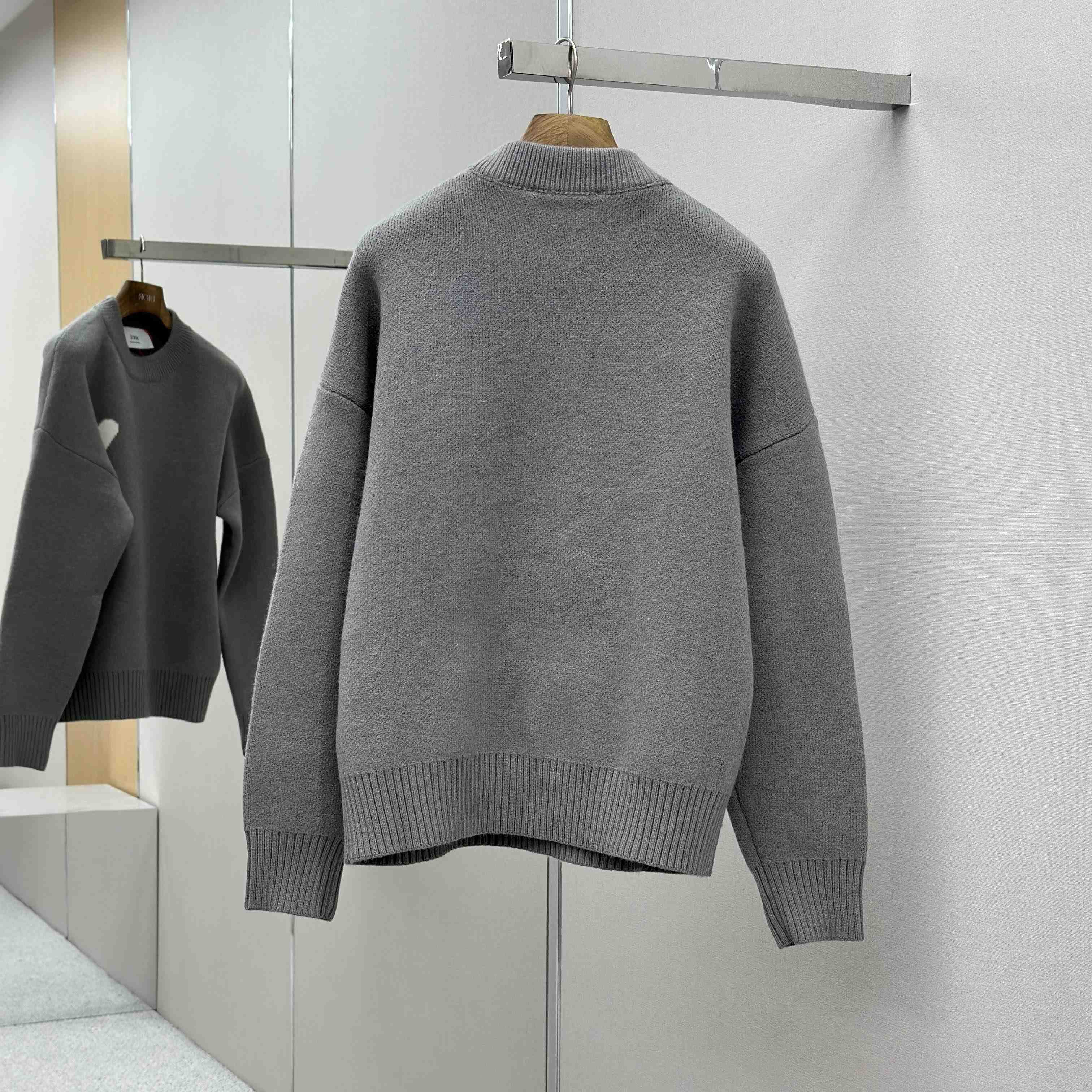 AMI Paris Grey Alpaca Ami De Coeur Crewneck Sweater  - FashionPlug