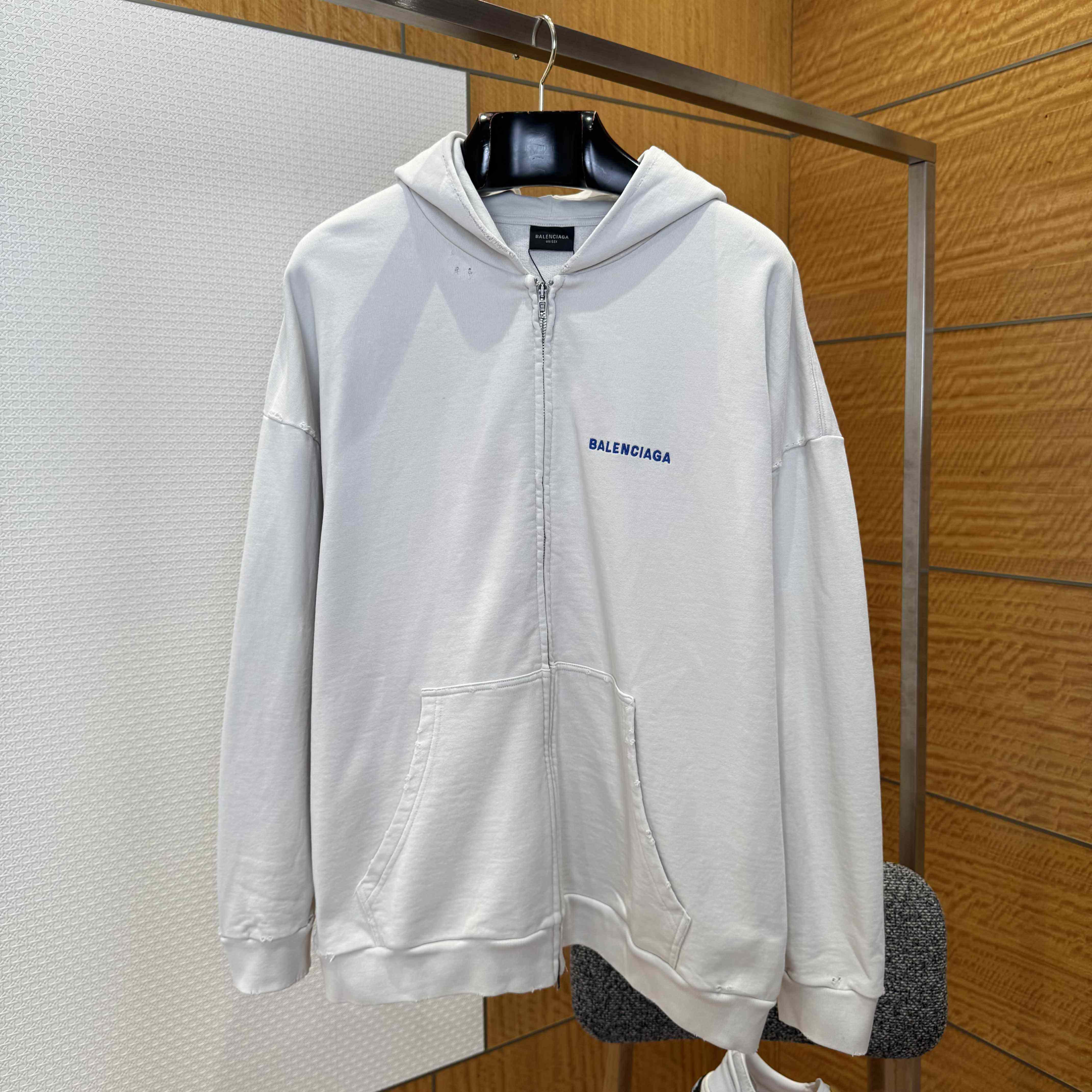 Balenciaga Back Zip-Up Hoodie Regular Fit In Dirty White And Blue Dry Fleece - FashionPlug