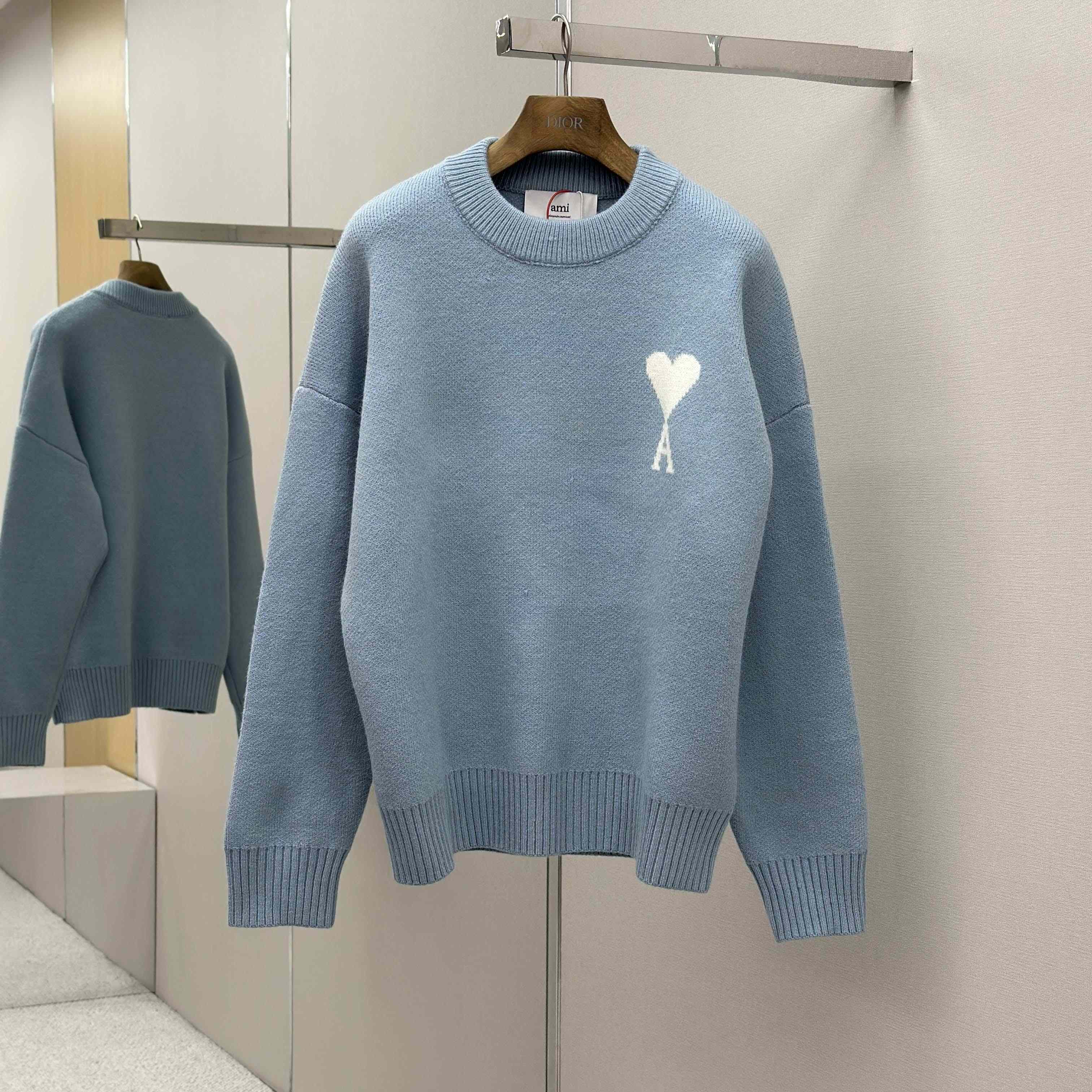 AMI Paris Blue Alpaca Ami De Coeur Crewneck Sweater  - FashionPlug