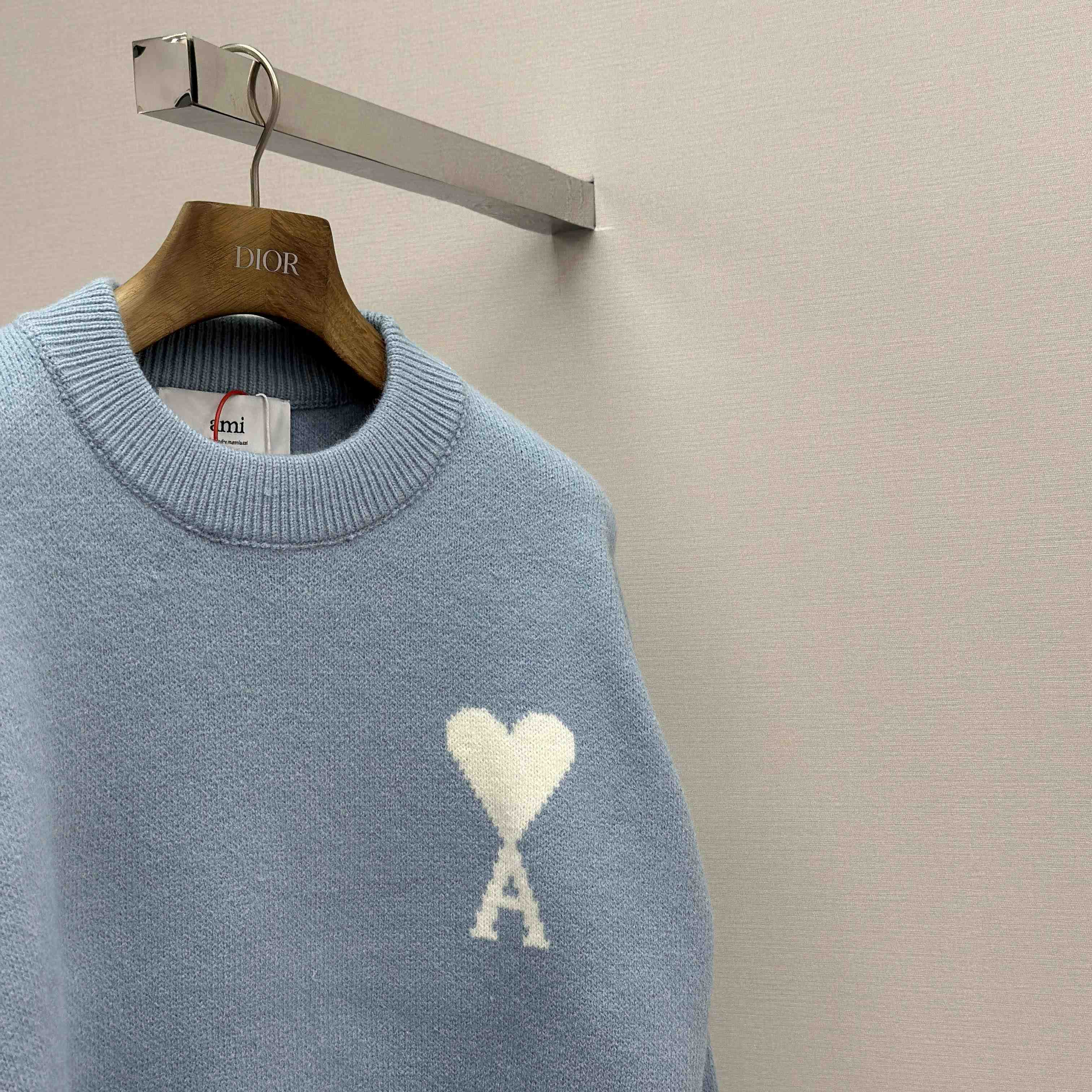 AMI Paris Blue Alpaca Ami De Coeur Crewneck Sweater  - FashionPlug