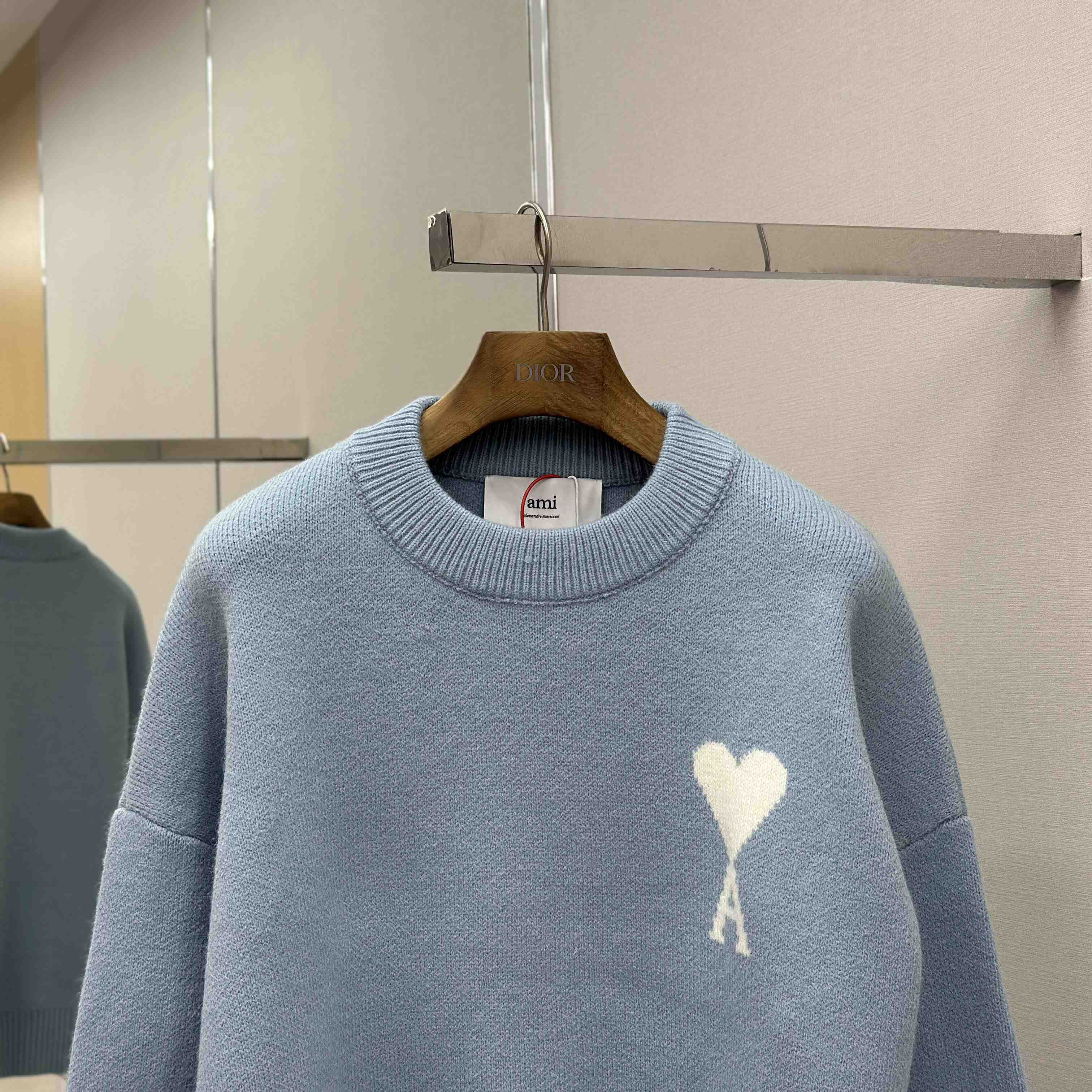 AMI Paris Blue Alpaca Ami De Coeur Crewneck Sweater  - FashionPlug