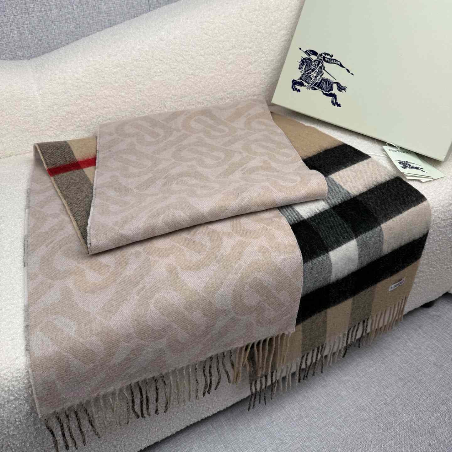 Burberry Reversible Check And Monogram Cashmere Scarf  - FashionPlug