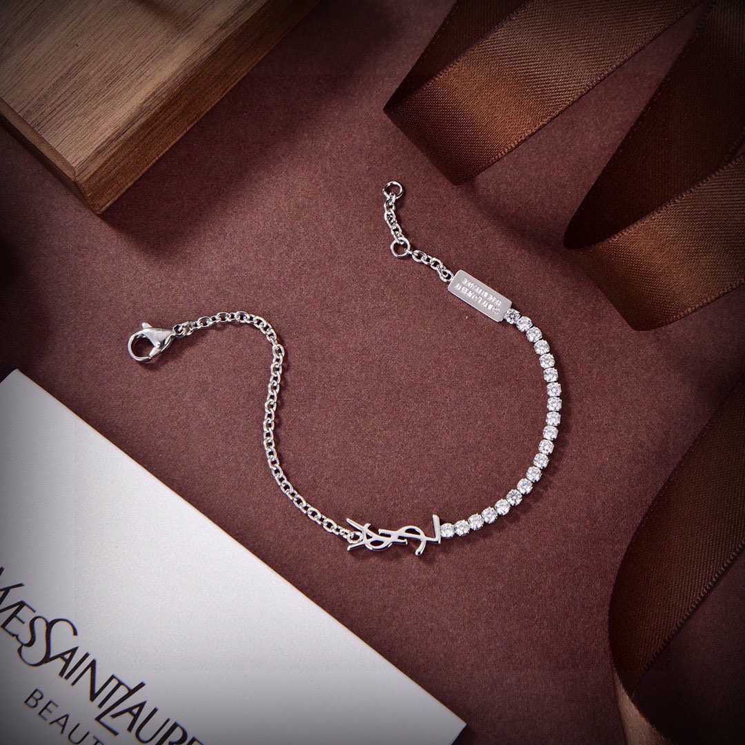 Saint Laurent Cassandre Charm Bracelet In Metal And Rhinestone - FashionPlug