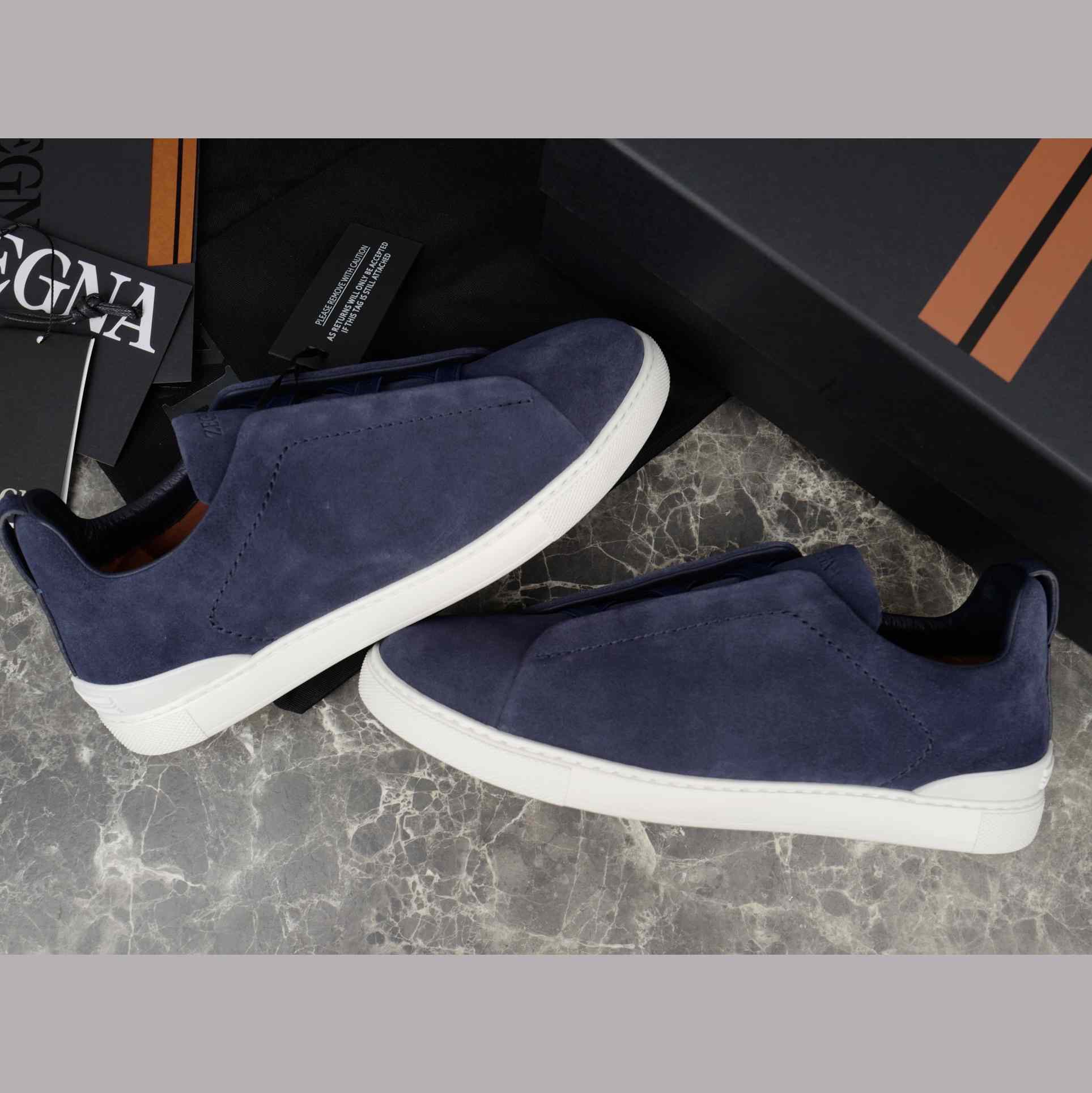 Zegna Utility Blue suede Triple Stitch™ Sneakers - FashionPlug