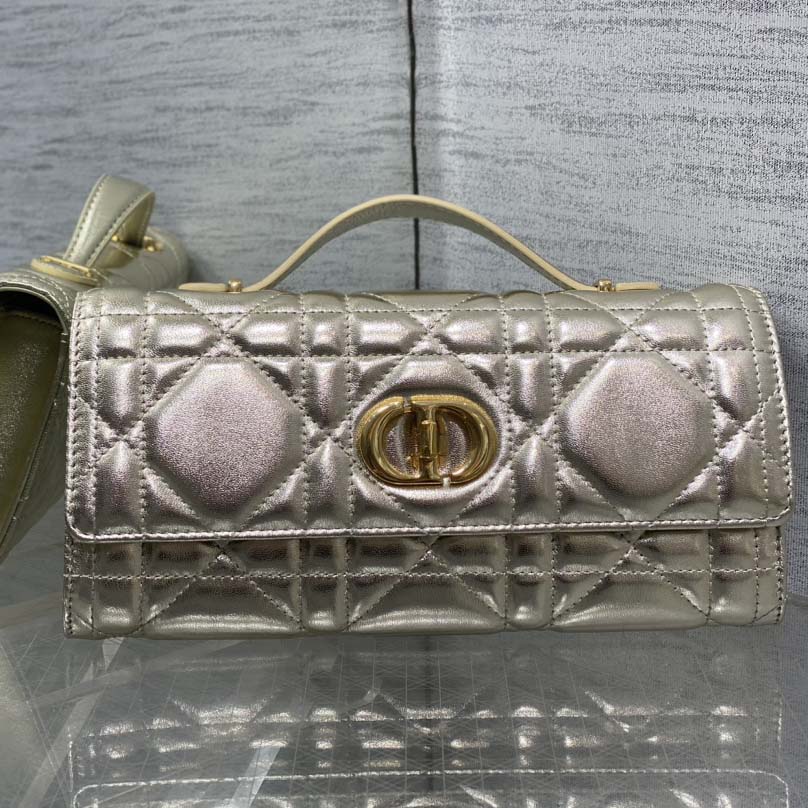 Dior Miss Caro Top Handle Pouch Metallic Pale Gold-Tone Macrocannage Calfskin  - FashionPlug