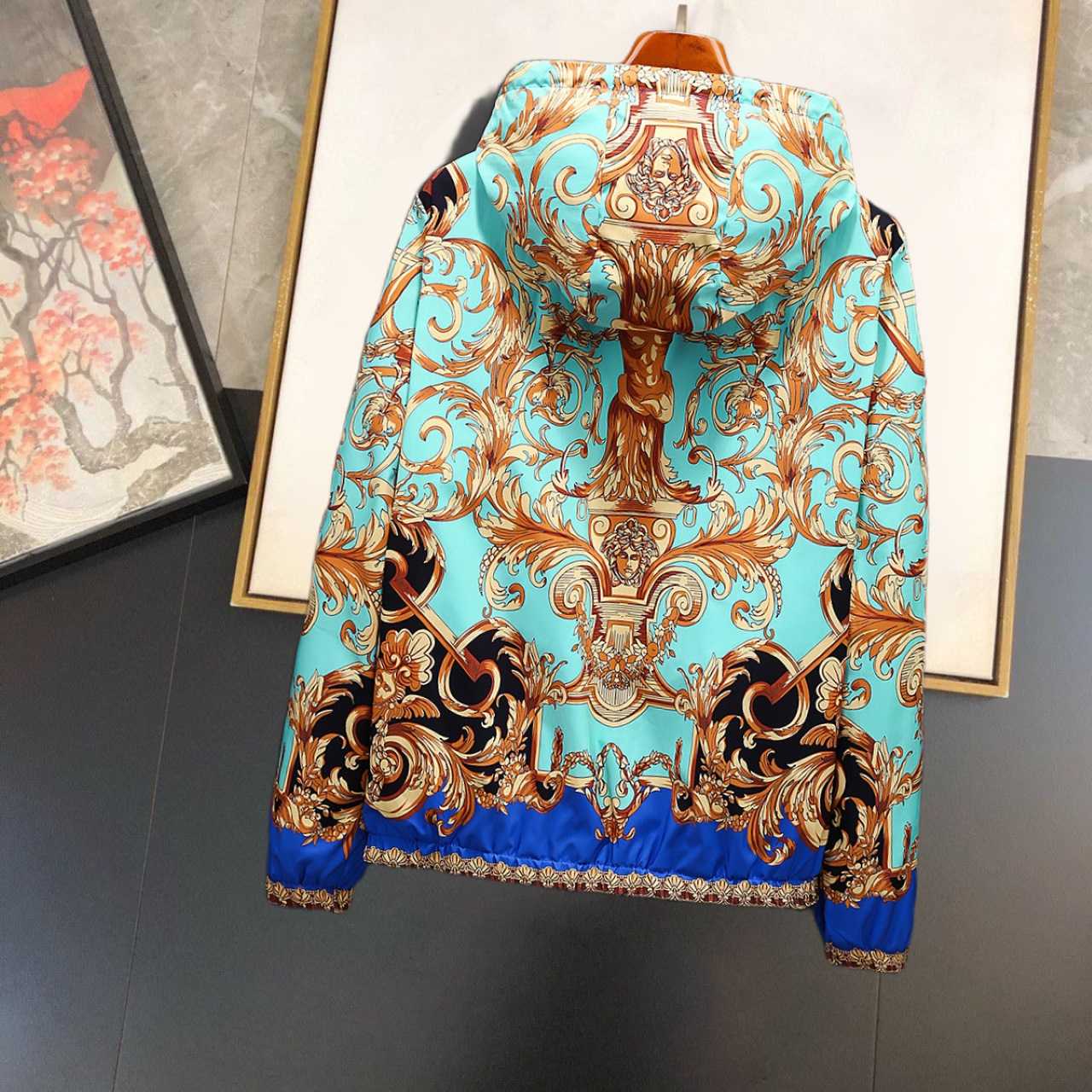 Versace Eros Baroque Printed Blue Golden Zip Up Bomber Jacket - FashionPlug
