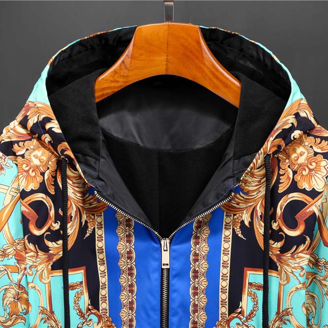 Versace Eros Baroque Printed Blue Golden Zip Up Bomber Jacket - FashionPlug