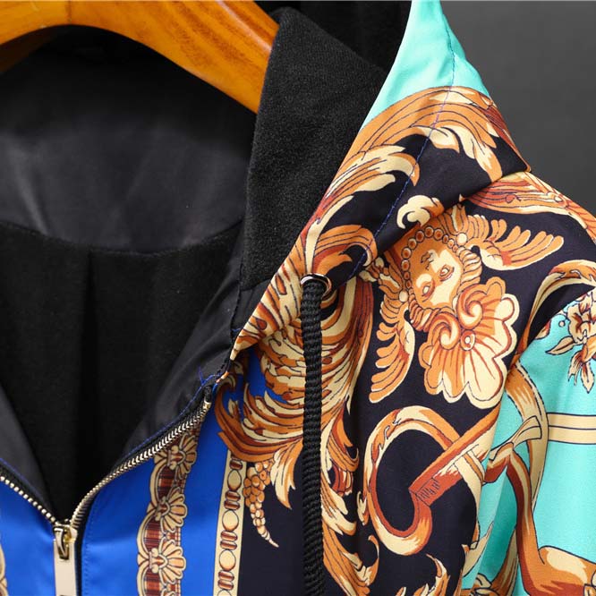 Versace Eros Baroque Printed Blue Golden Zip Up Bomber Jacket - FashionPlug