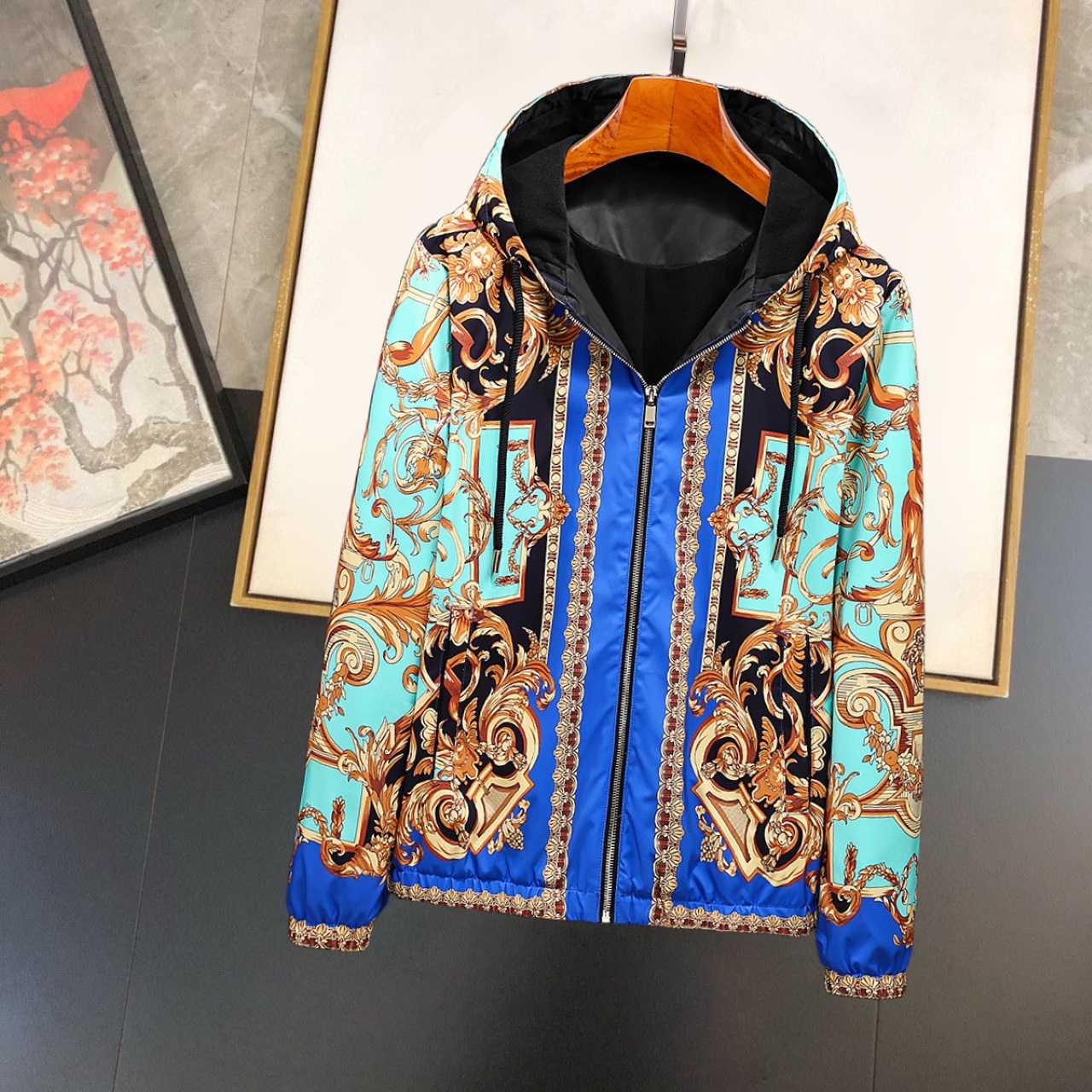 Versace Eros Baroque Printed Blue Golden Zip Up Bomber Jacket - FashionPlug