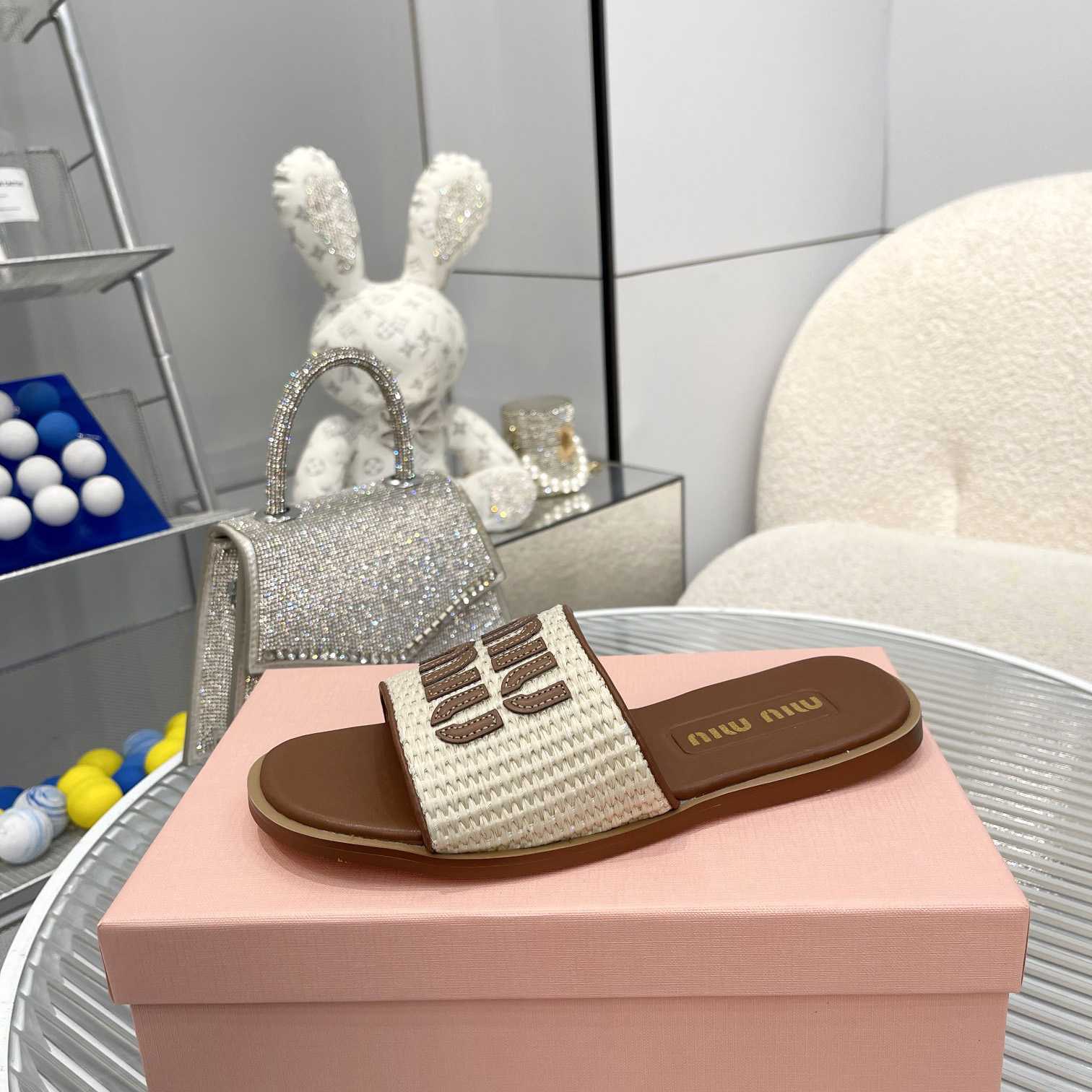 Miu Miu Logo-patch Raffia Slides - FashionPlug