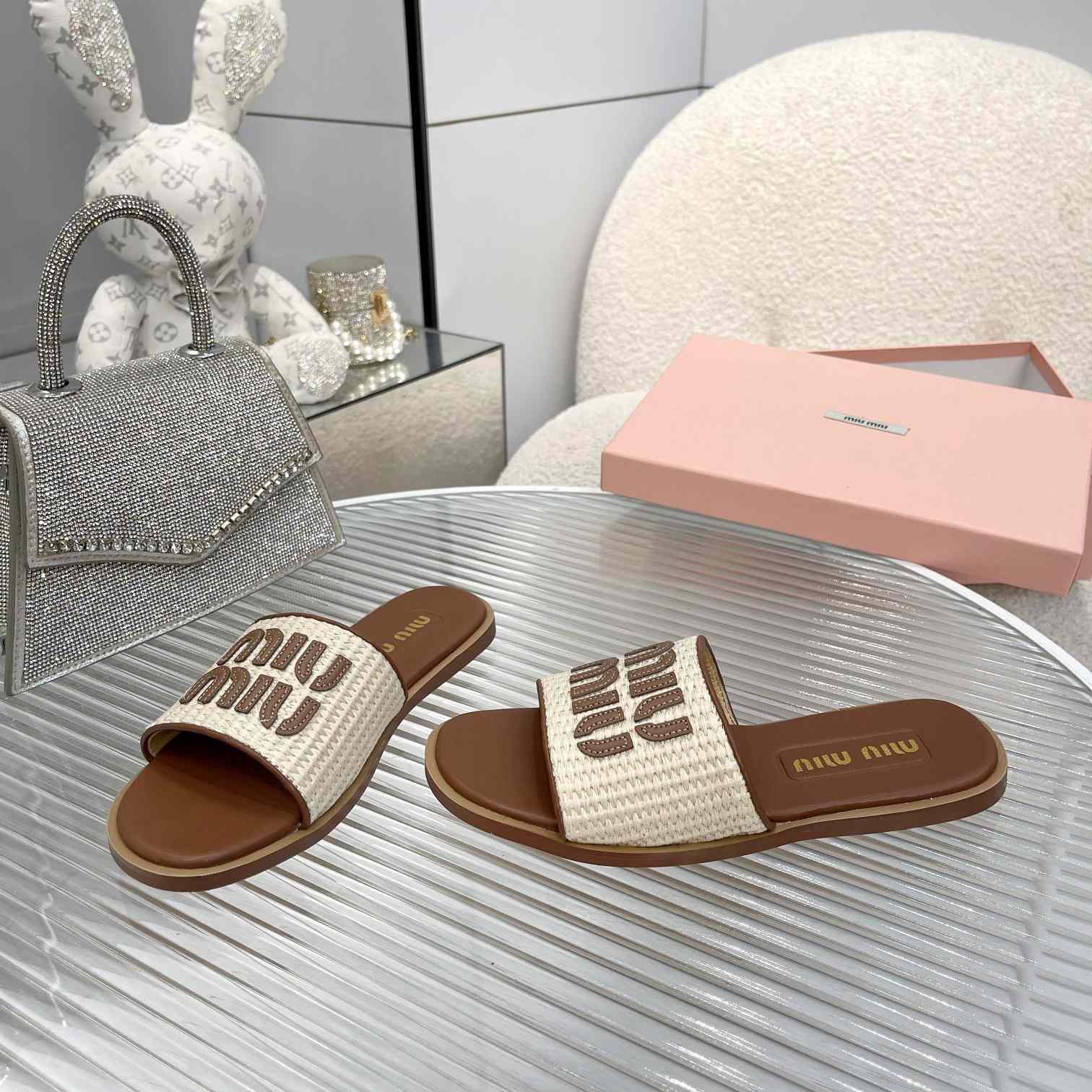 Miu Miu Logo-patch Raffia Slides - FashionPlug