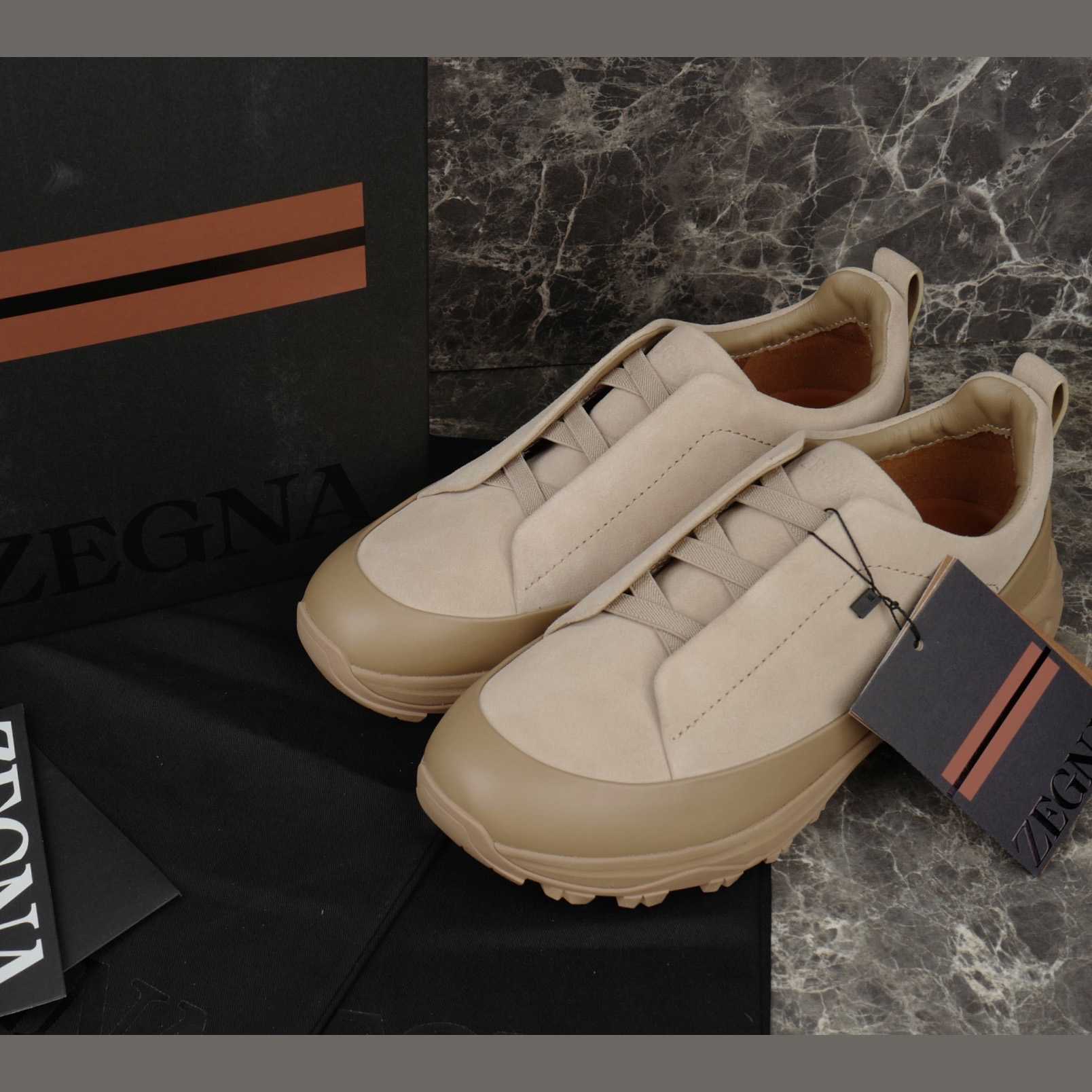 Zegna Light Taupe Leather and Suede Triple Stitch™ Monte Sneakers - FashionPlug