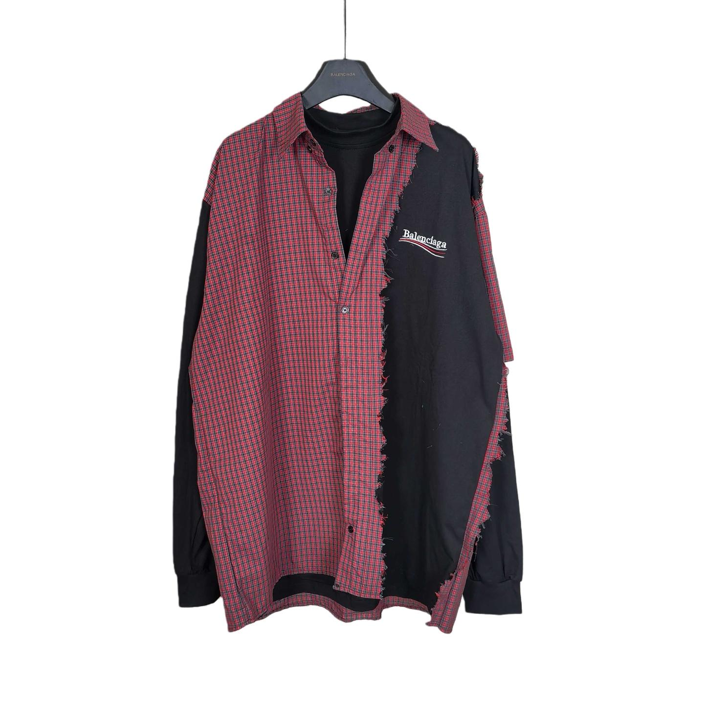 Balenciaga Men's Blue Paneled Long-Sleeve Shirt - FashionPlug