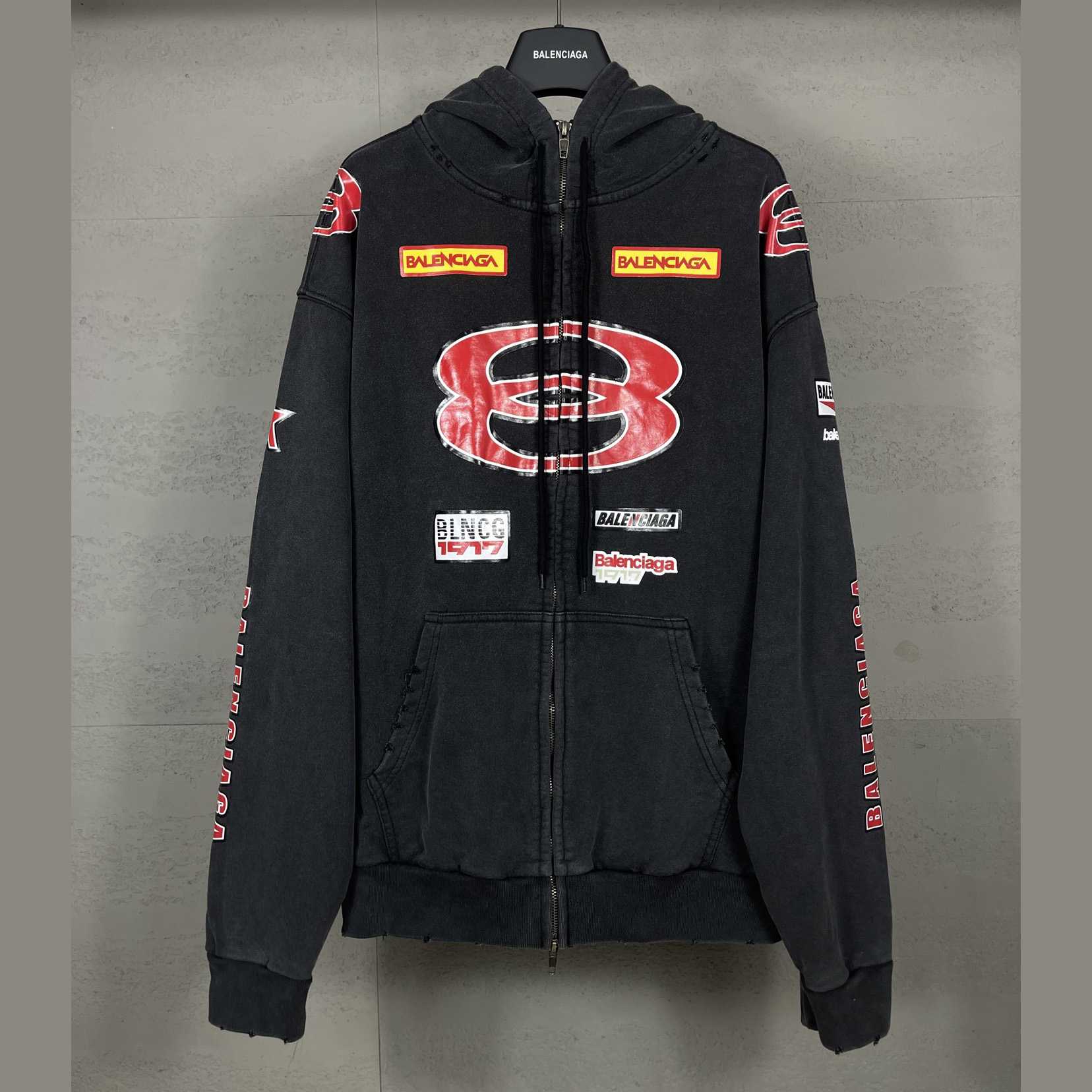 Balenciaga Sponsor Logos Large Zip-Up Hoodie In Faded Washed Black - FashionPlug