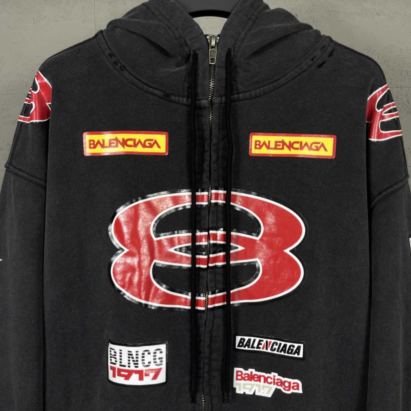Balenciaga Sponsor Logos Large Zip-Up Hoodie In Faded Washed Black - FashionPlug