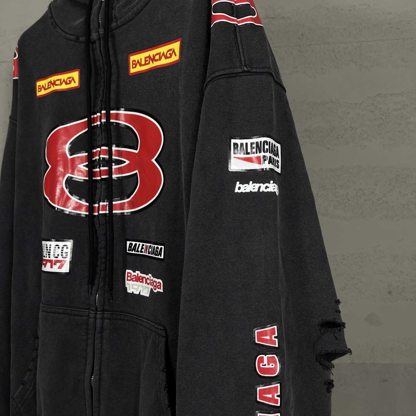 Balenciaga Sponsor Logos Large Zip-Up Hoodie In Faded Washed Black - FashionPlug