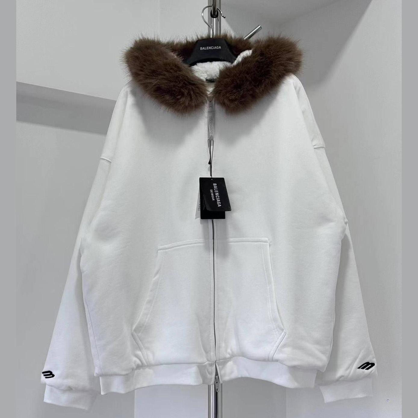 Balenciaga Fluffy Zip-Up Hoodie In Chalky White Medium Fleece - FashionPlug