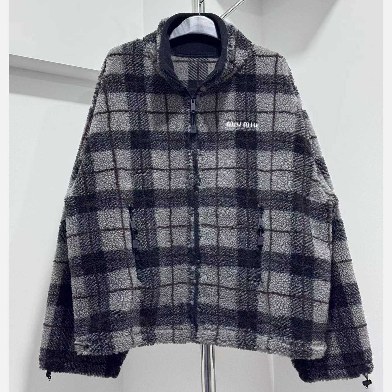 Miu Miu Checked Teddy Zipper Jacket - FashionPlug