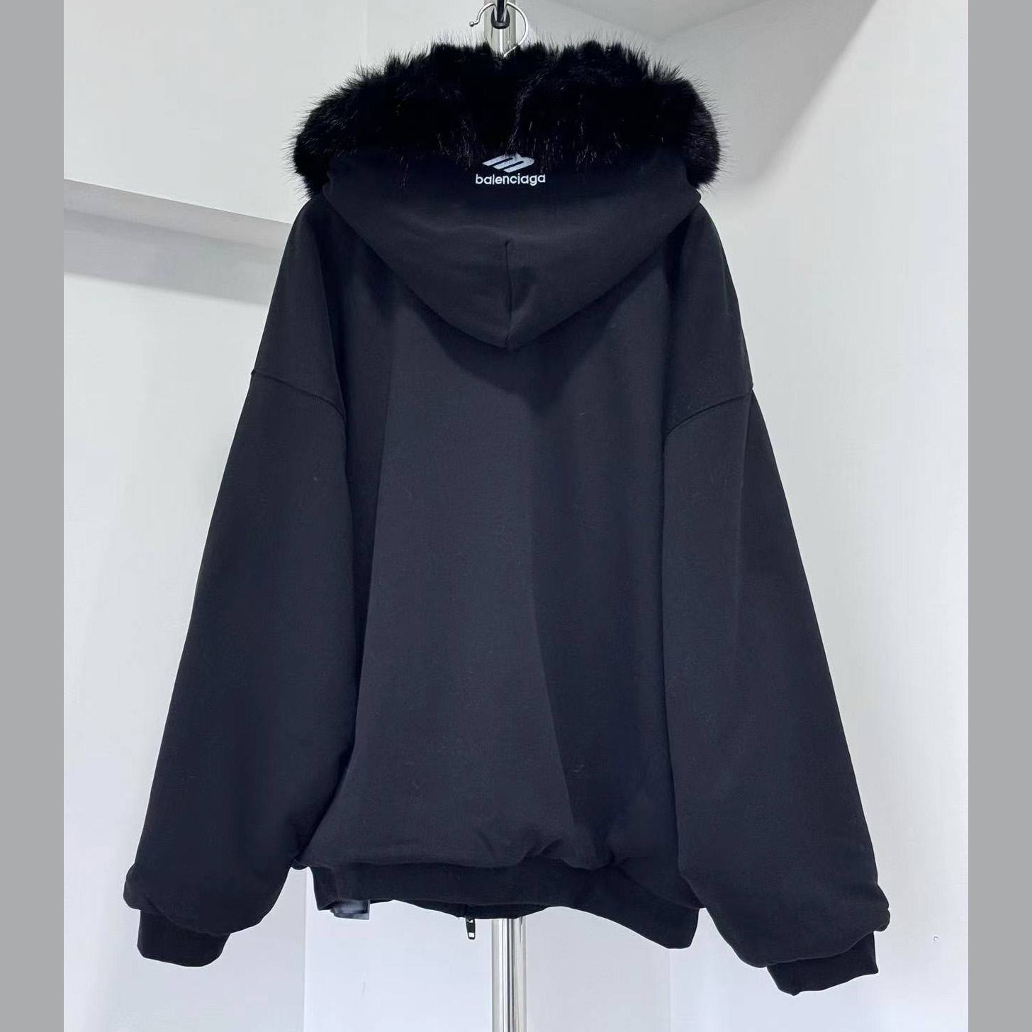 Balenciaga Fluffy Zip-Up Hoodie In Washed Black Medium Fleece - FashionPlug