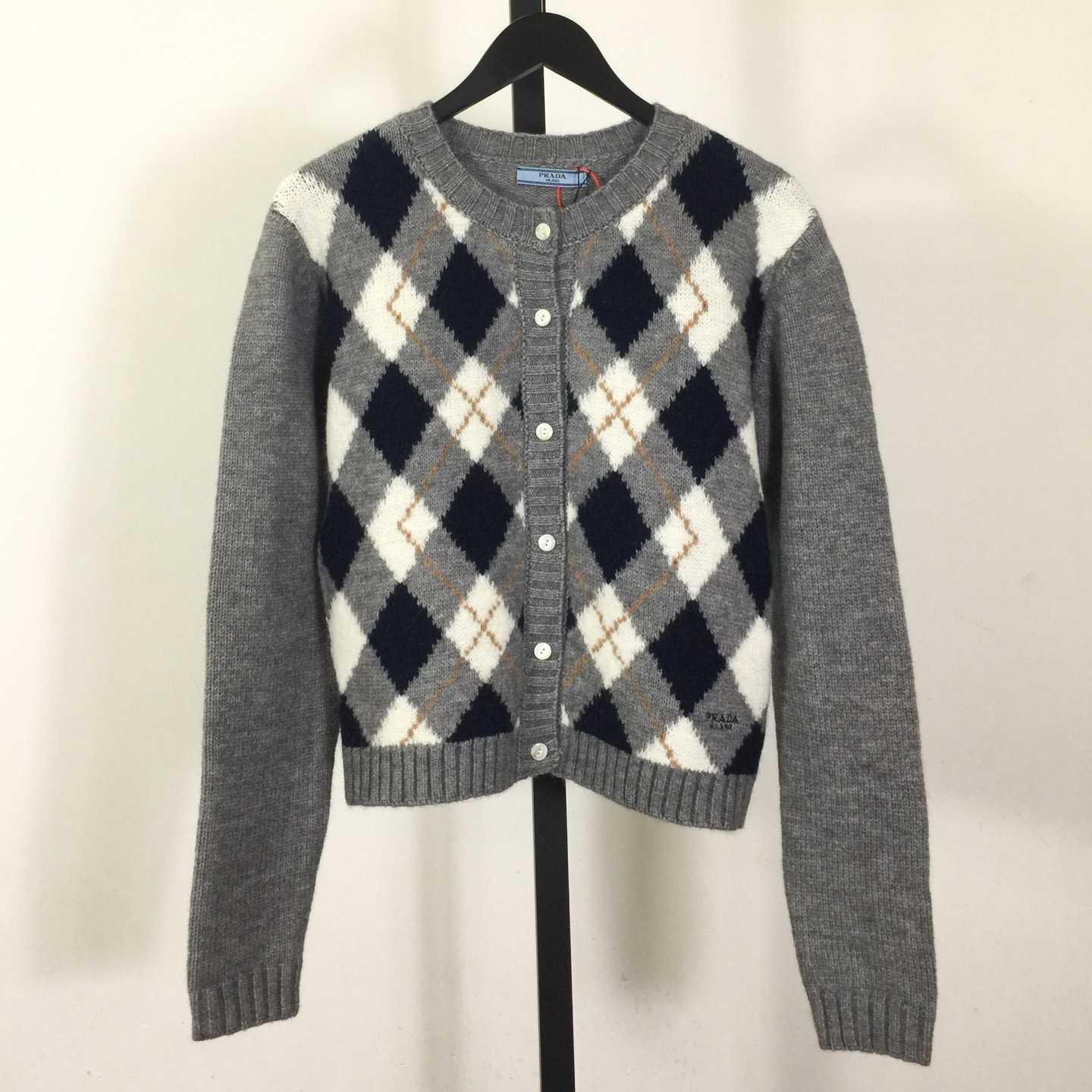 Prada Diamond-pattern Wool Cardigan - FashionPlug