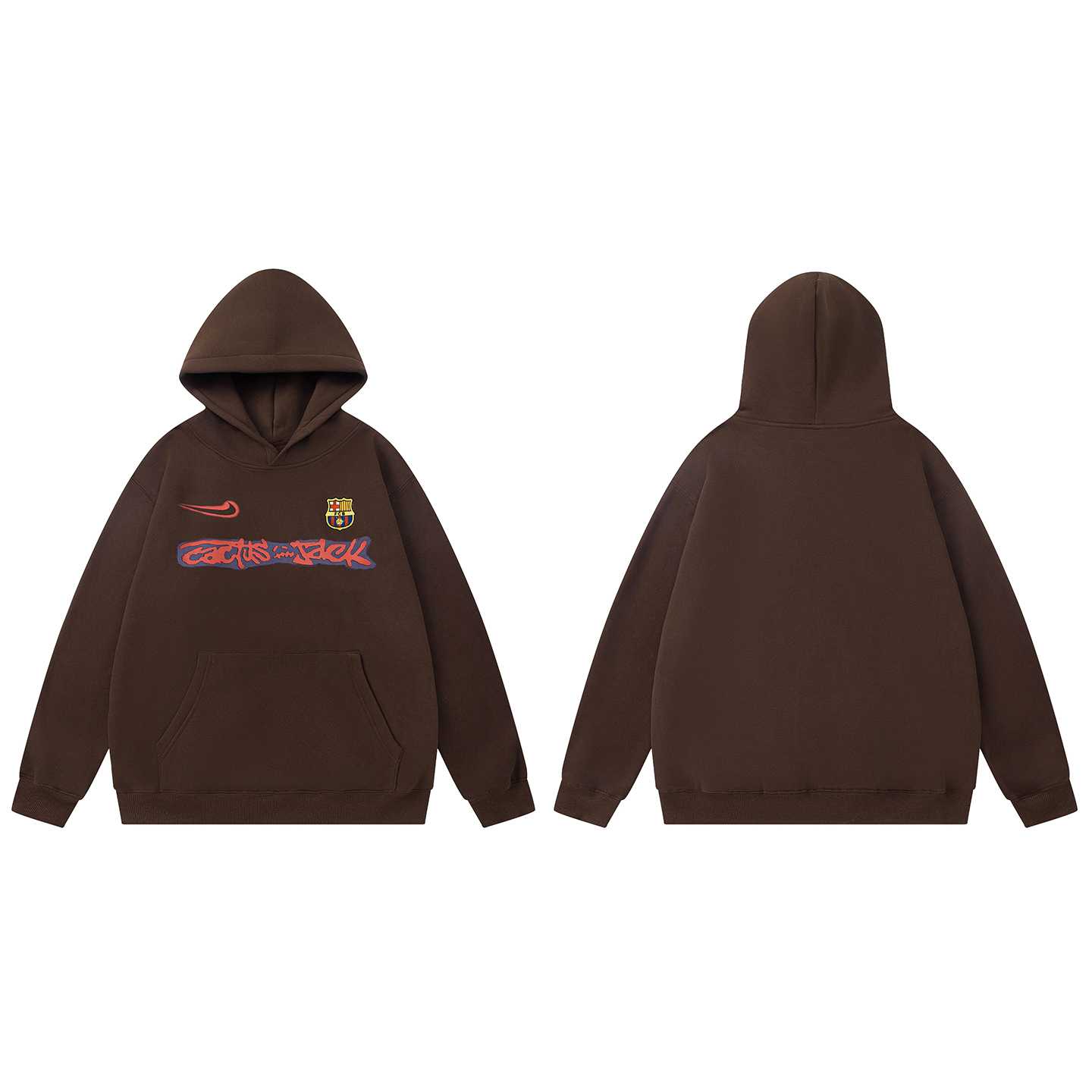 Travis Scott x Nike x FC Barcelona "Cactus Jack" Spray Logo Pullover Hoodie In Brown - FashionPlug