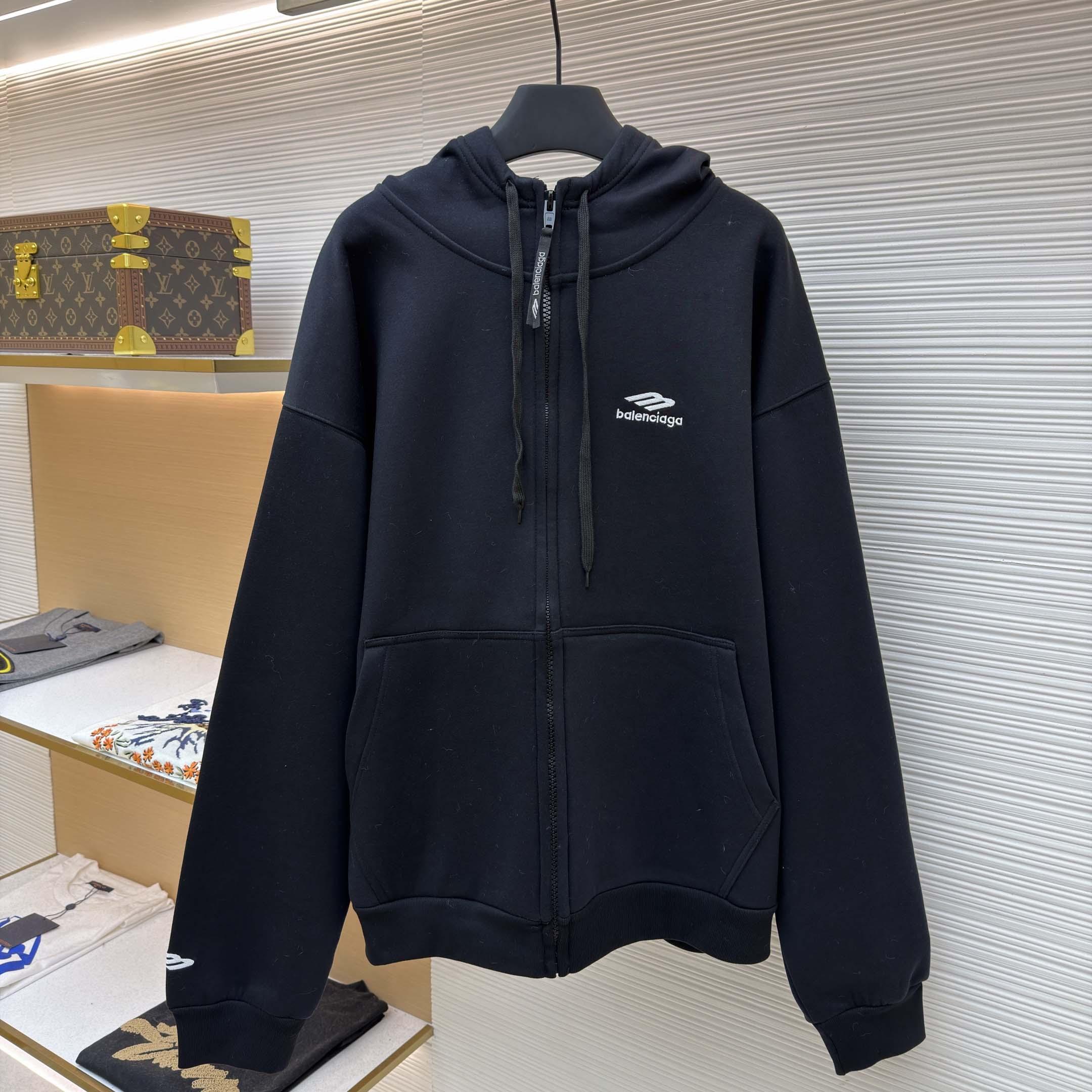 Balenciaga 3B Sports Icon Zip-Up Hoodie In Washed Black - FashionPlug