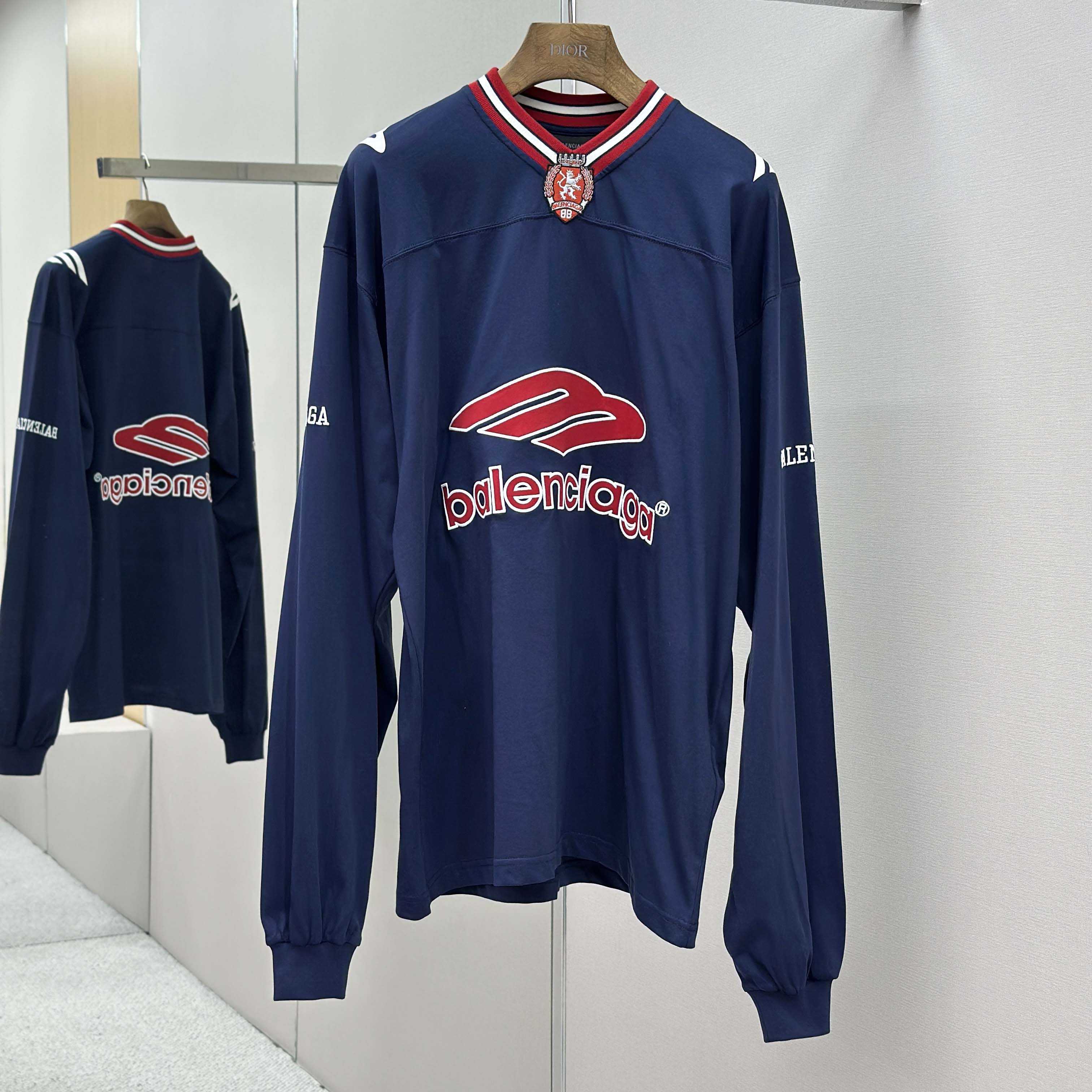 Balenciaga 3B Football Long Sleeve V-Neck T-Shirt In Dark Navy  - FashionPlug