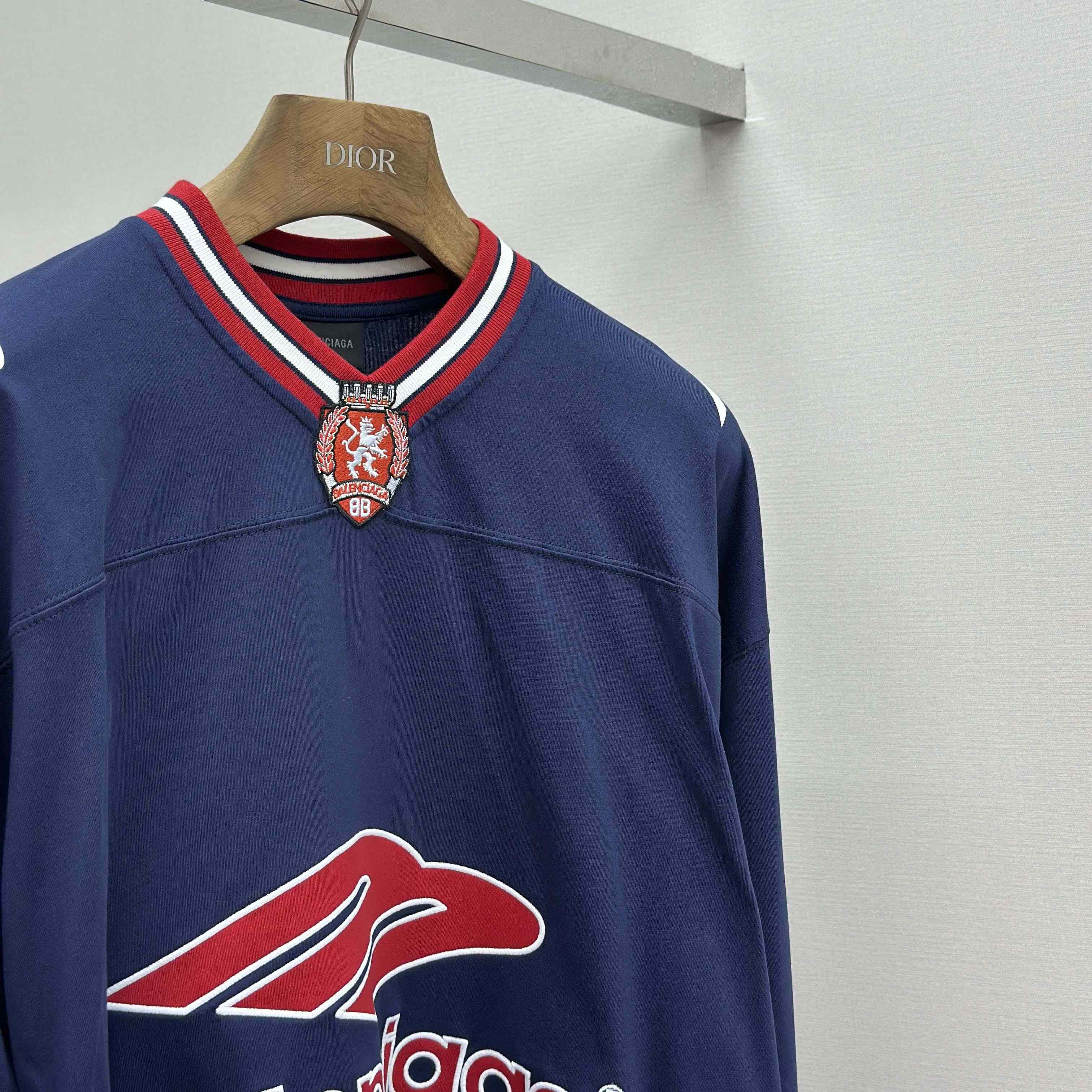 Balenciaga 3B Football Long Sleeve V-Neck T-Shirt In Dark Navy  - FashionPlug