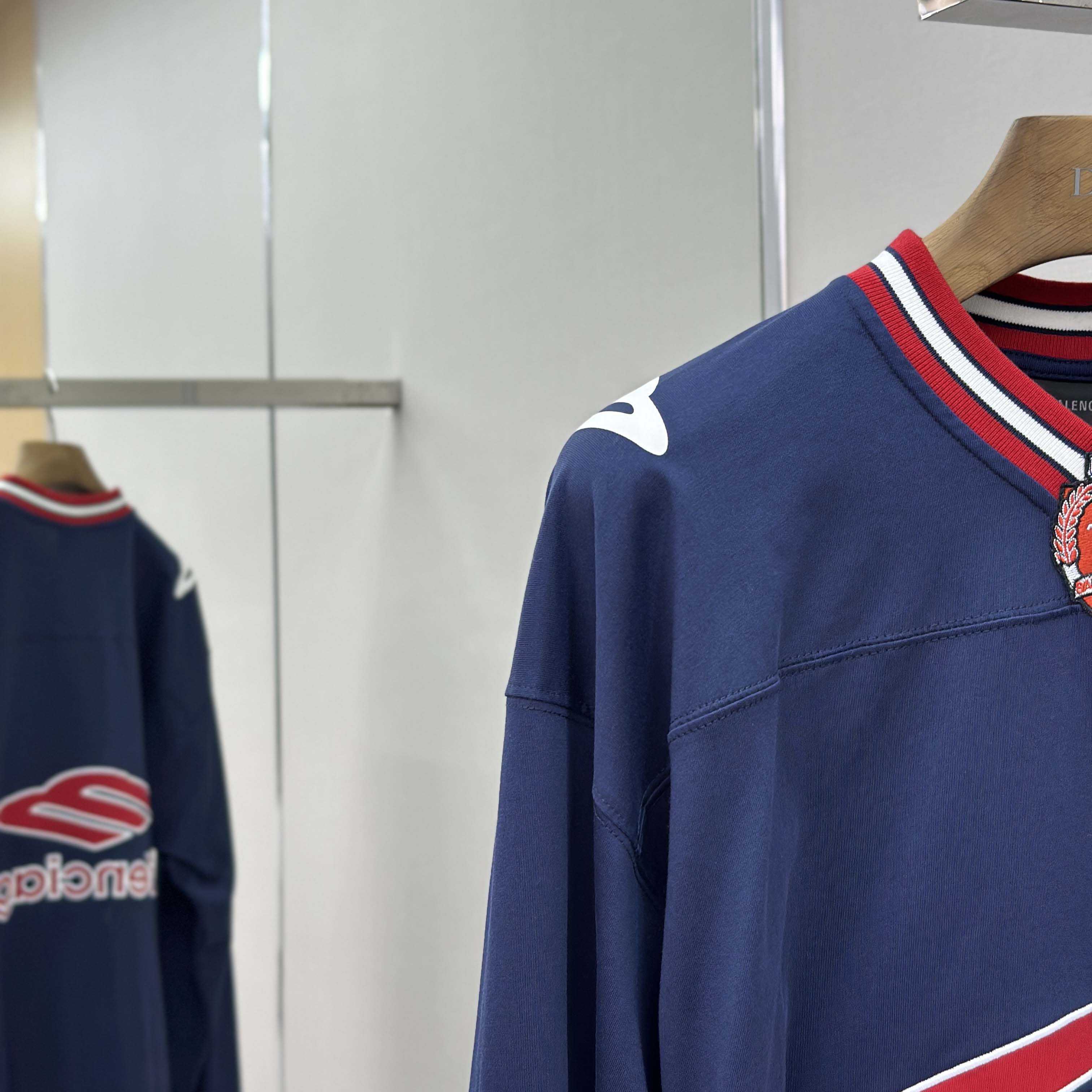 Balenciaga 3B Football Long Sleeve V-Neck T-Shirt In Dark Navy  - FashionPlug