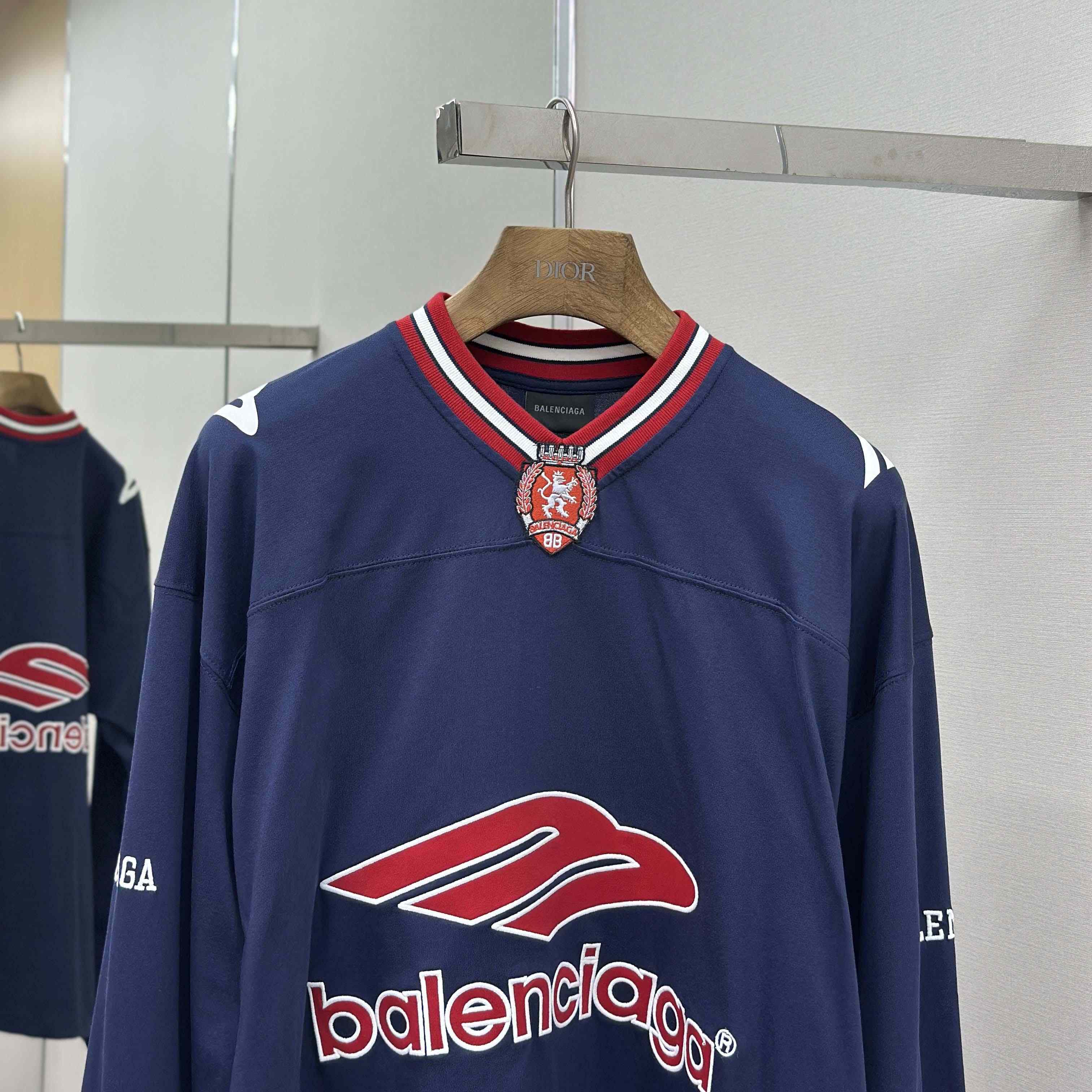 Balenciaga 3B Football Long Sleeve V-Neck T-Shirt In Dark Navy  - FashionPlug