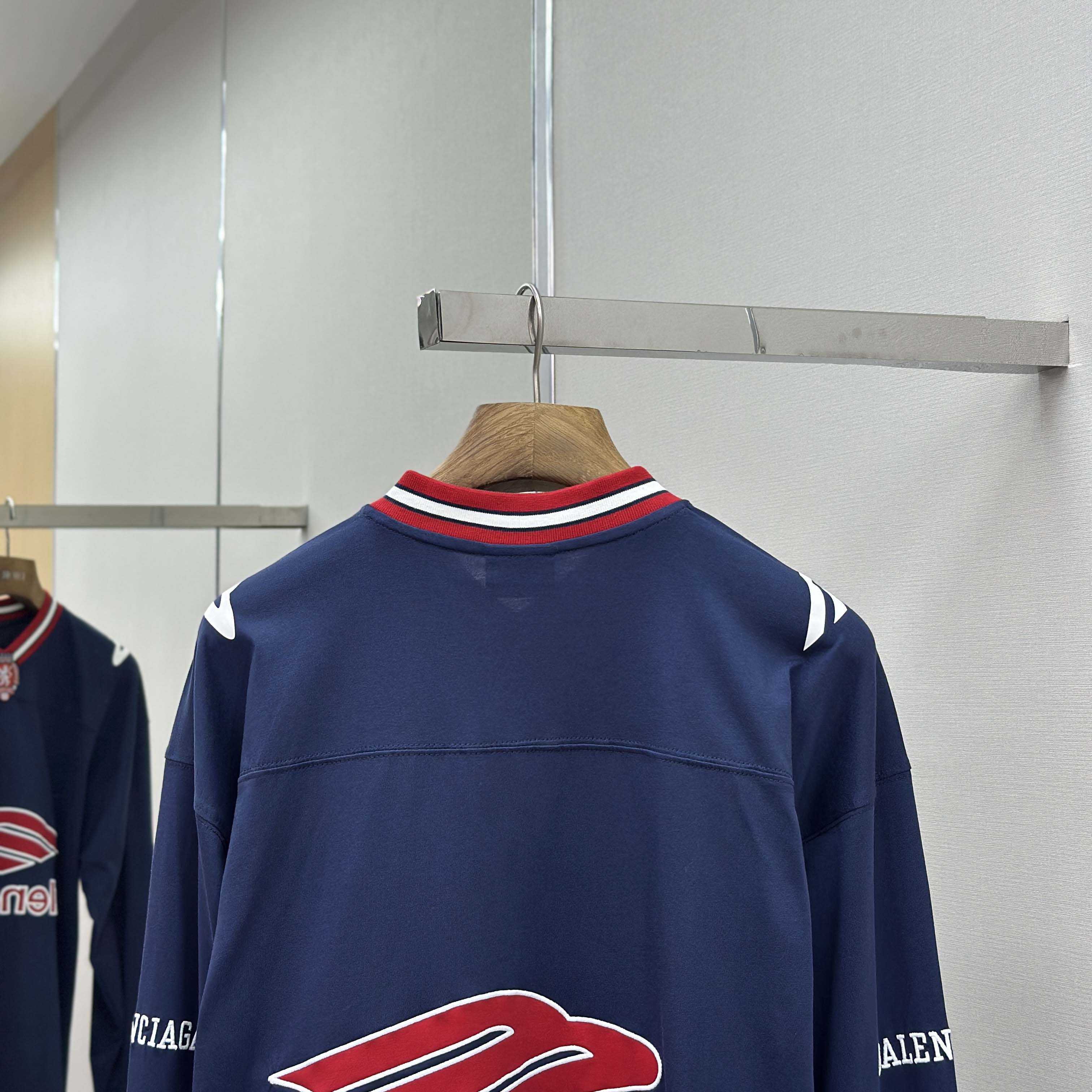 Balenciaga 3B Football Long Sleeve V-Neck T-Shirt In Dark Navy  - FashionPlug