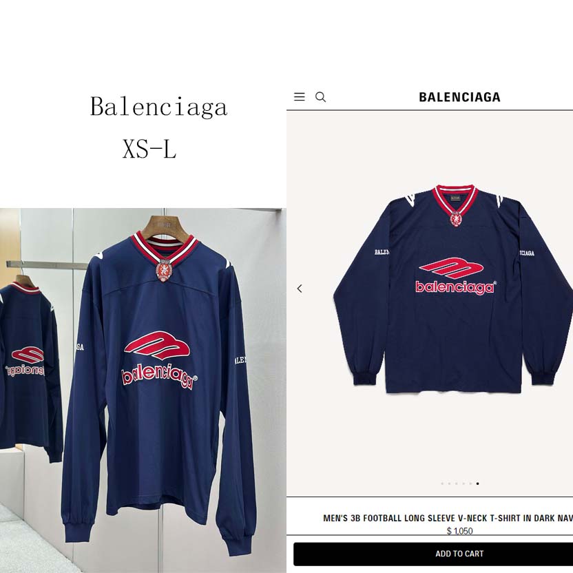 Balenciaga 3B Football Long Sleeve V-Neck T-Shirt In Dark Navy  - FashionPlug