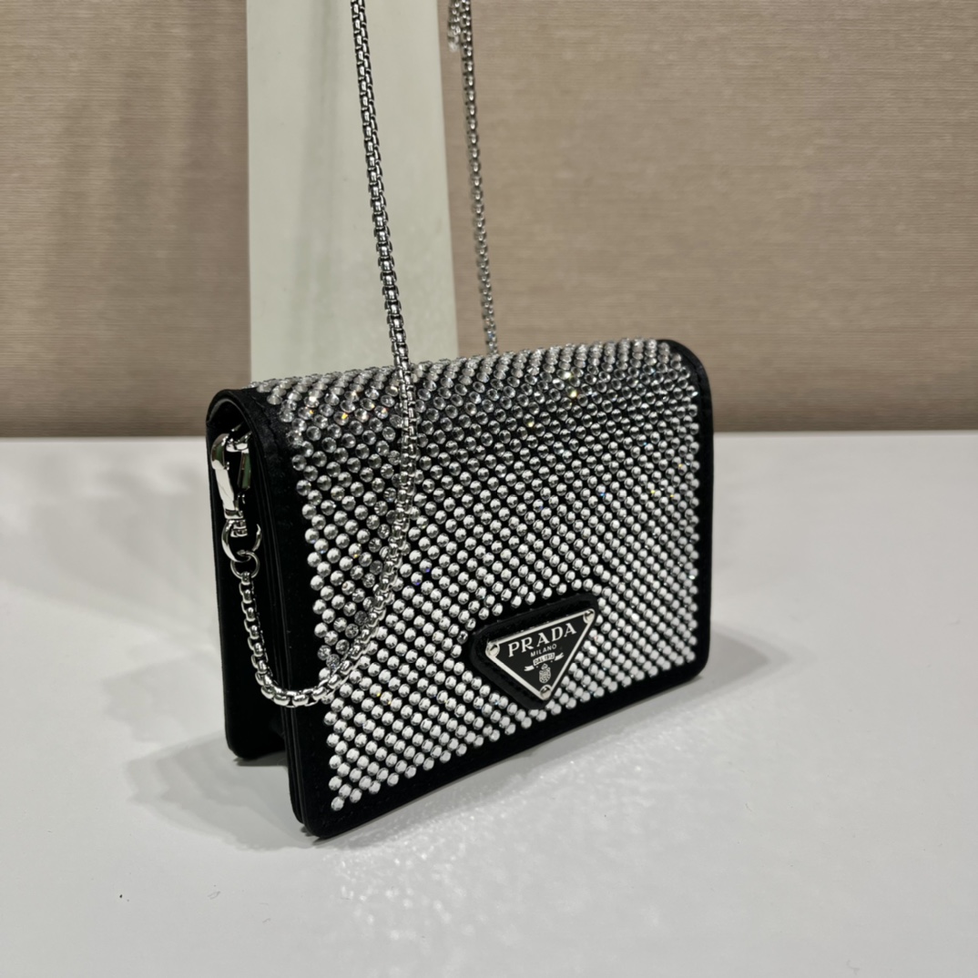 Prada Cardholder With Shoulder Strap And Crystals - FashionPlug