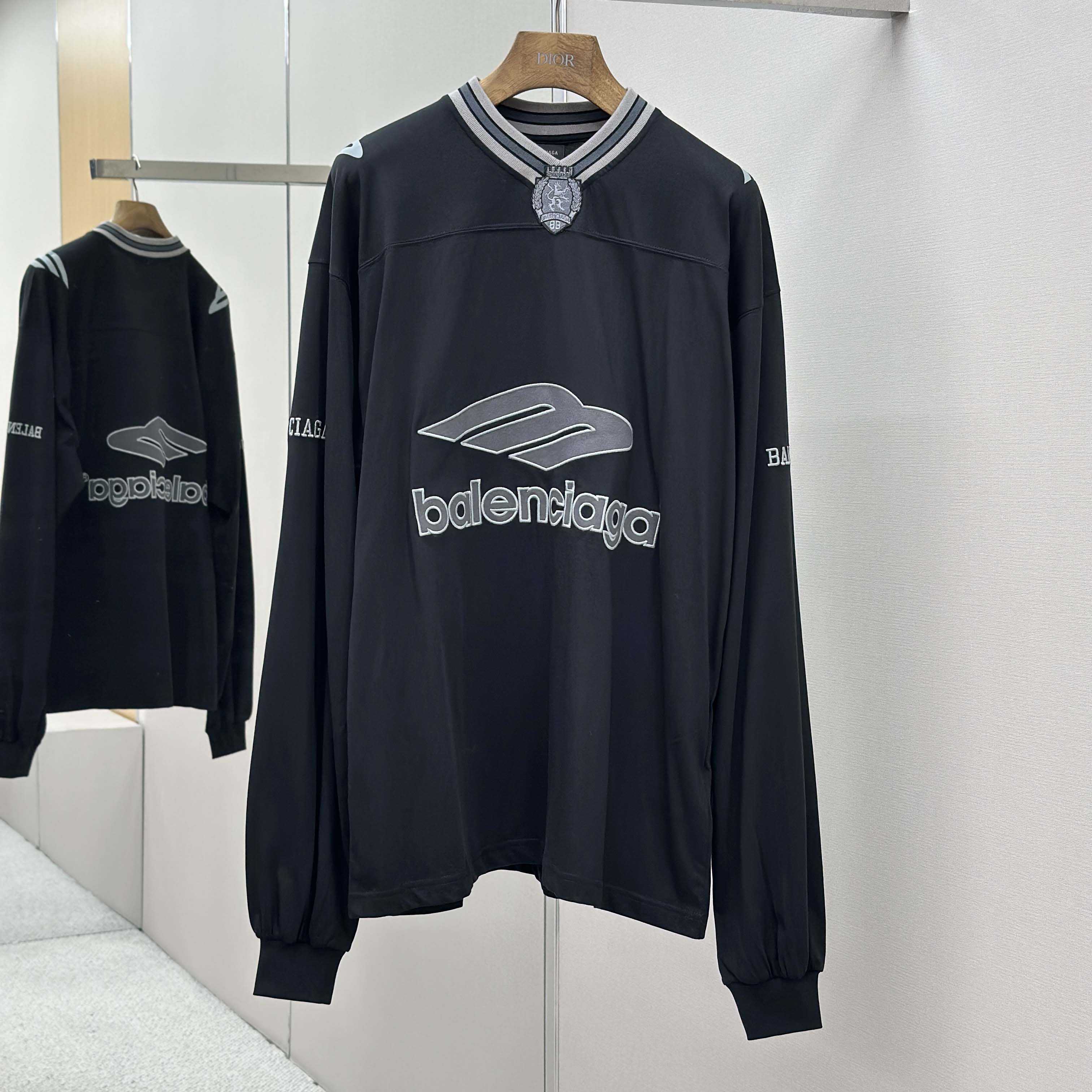 Balenciaga 3B Football Long Sleeve V-Neck T-Shirt In Black - FashionPlug