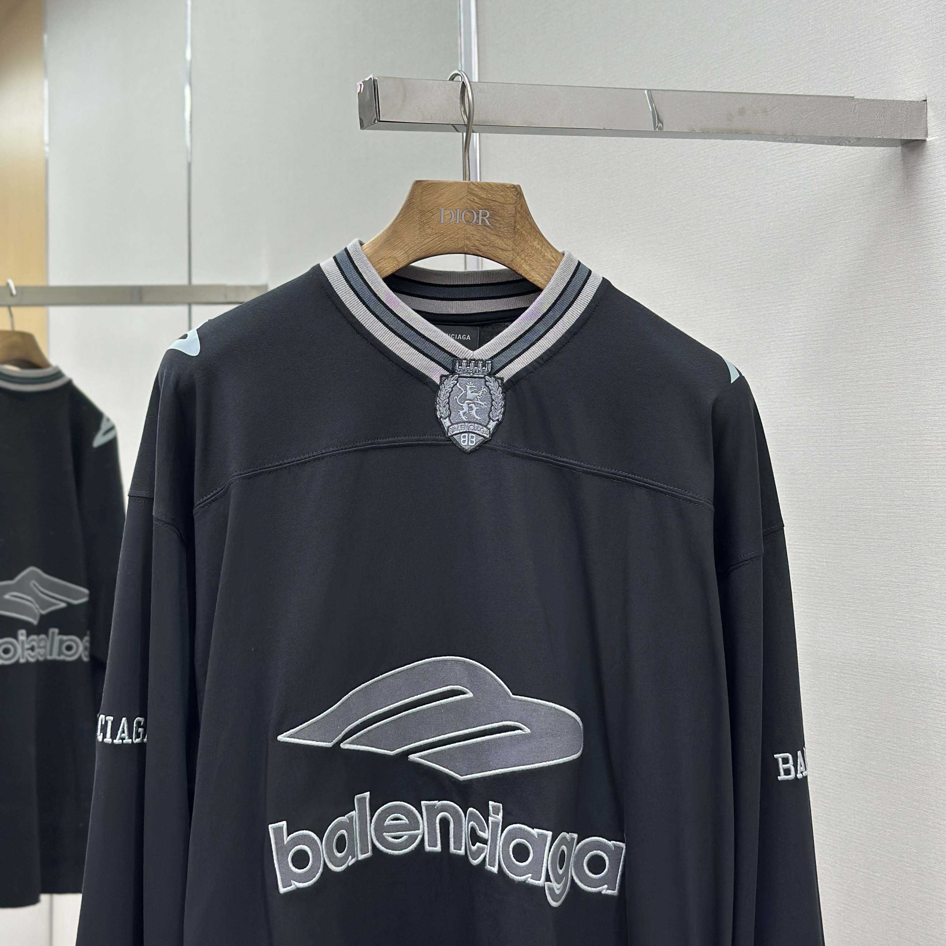 Balenciaga 3B Football Long Sleeve V-Neck T-Shirt In Black - FashionPlug