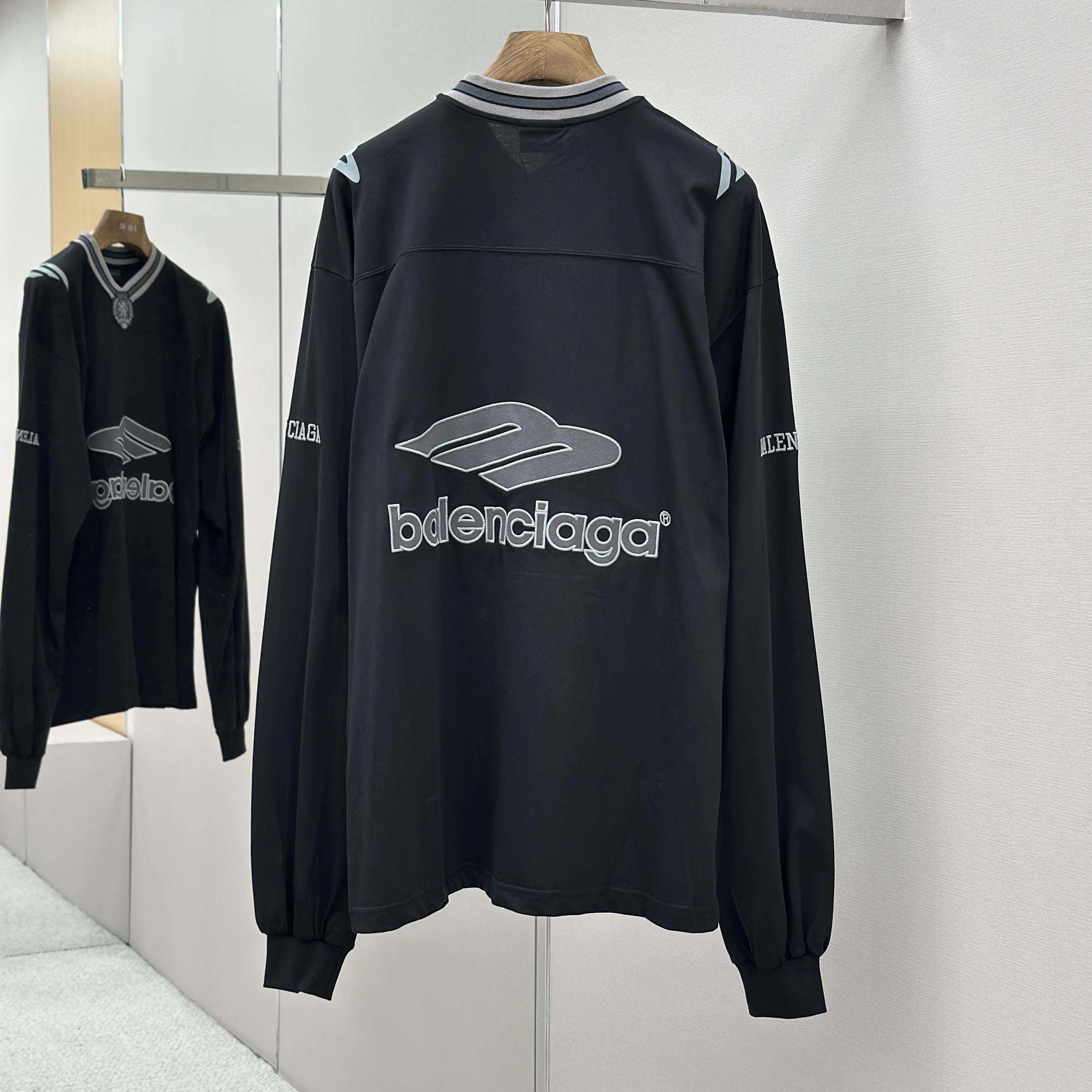Balenciaga 3B Football Long Sleeve V-Neck T-Shirt In Black - FashionPlug