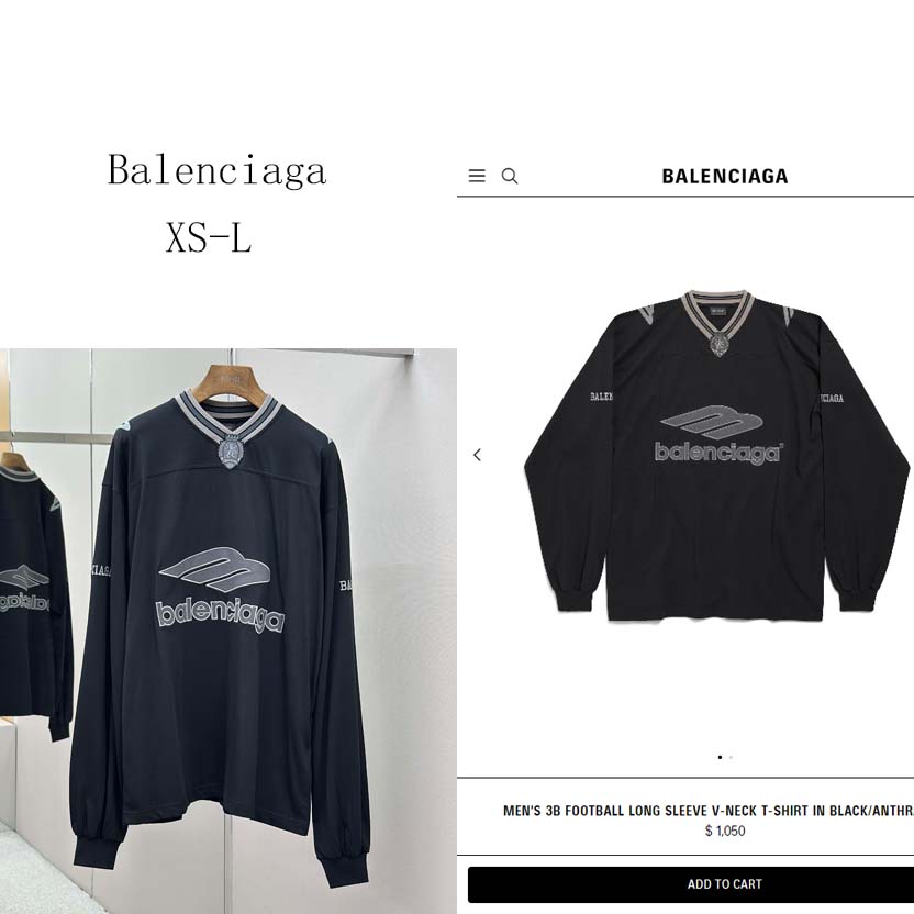 Balenciaga 3B Football Long Sleeve V-Neck T-Shirt In Black - FashionPlug