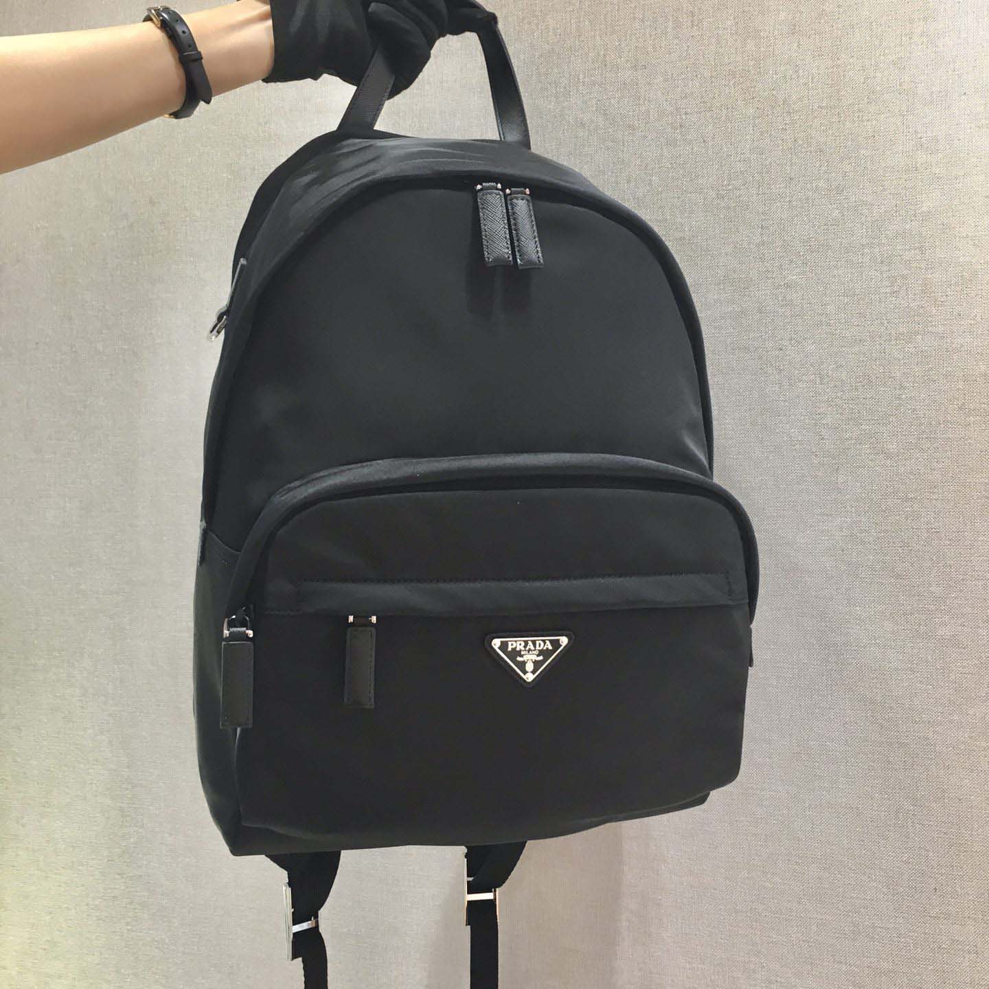 Prada Black Nylon And Saffiano Backpack   29*40*17cm - FashionPlug